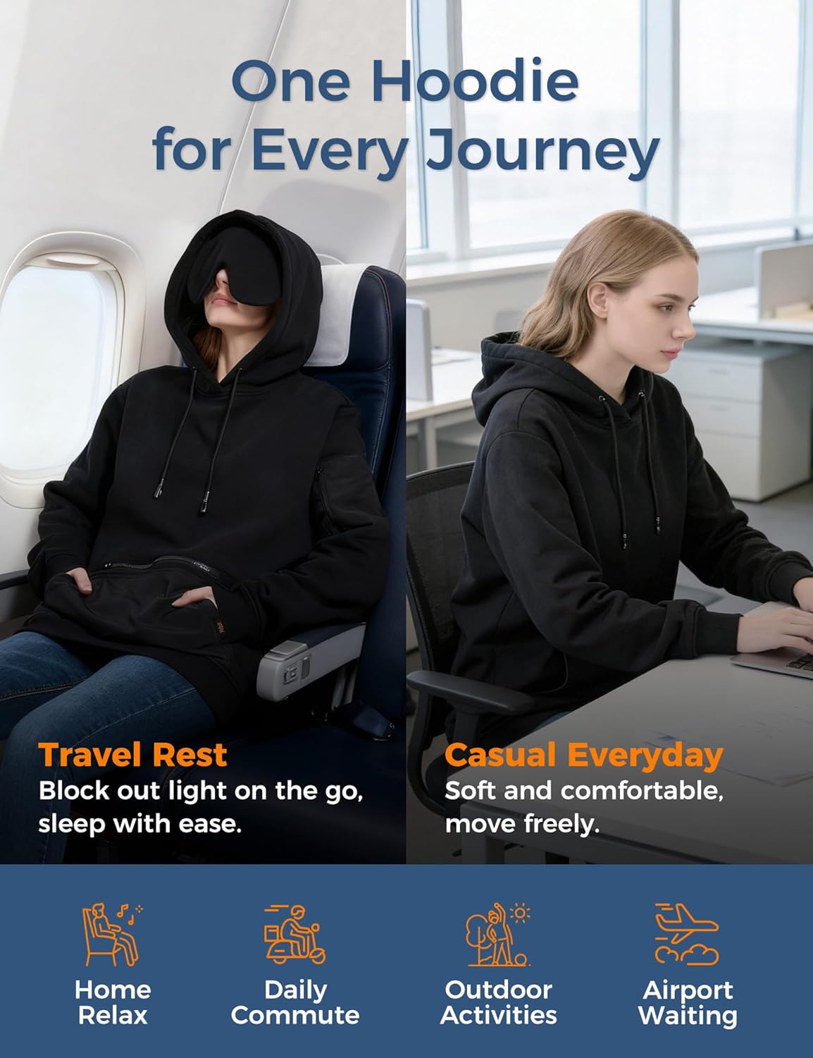 Travel Hoodie with Built-In Eye Mask for Airplane Travel Breathable Comfort Pullover Sweatshirt Multiple Pockets - Image 6