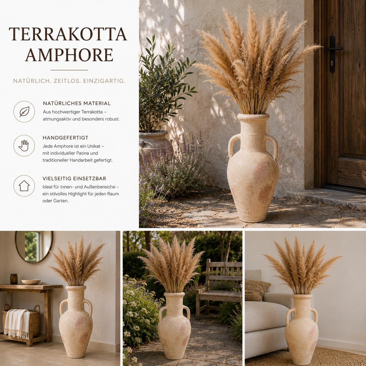 Amphore Terracotta XXL 60 cm Handgefertigt Unikat aus Tunesien – Bauchige Mediterrane Vase für Garten, Terrasse und Wohnraum