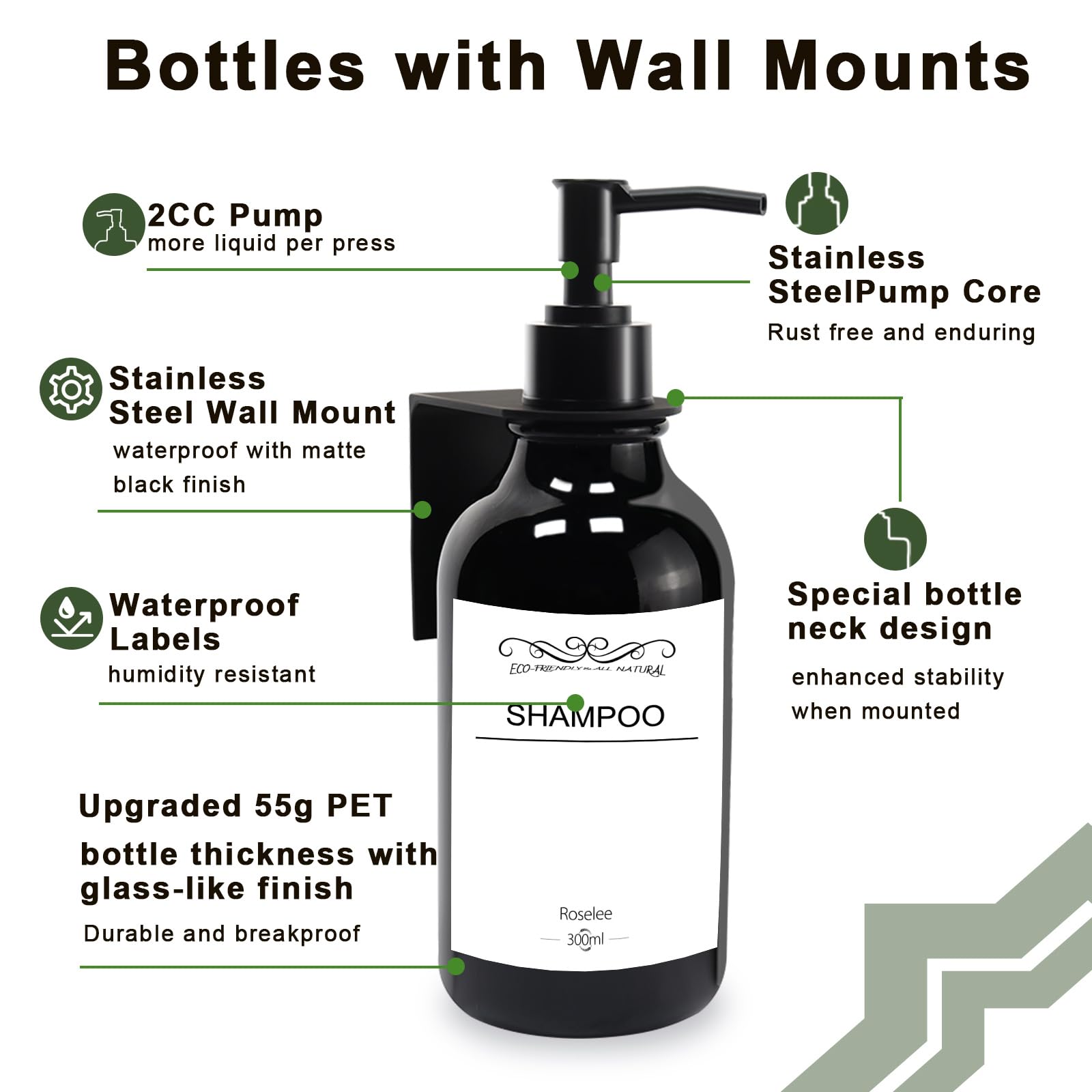 Roselee Distributeur Savon Mural 3 Pièces 300ml - Flacons Pompe Noire Sans Perçage Avec Étiquettes