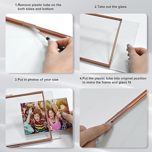Miniatura 5 de Marcos flotantes de 5 x 7, 4 x 6, 4 x 4 con vidrio, marcos de fotos de metal para exhibición independiente de mesa, juego de 3 unidades color oro