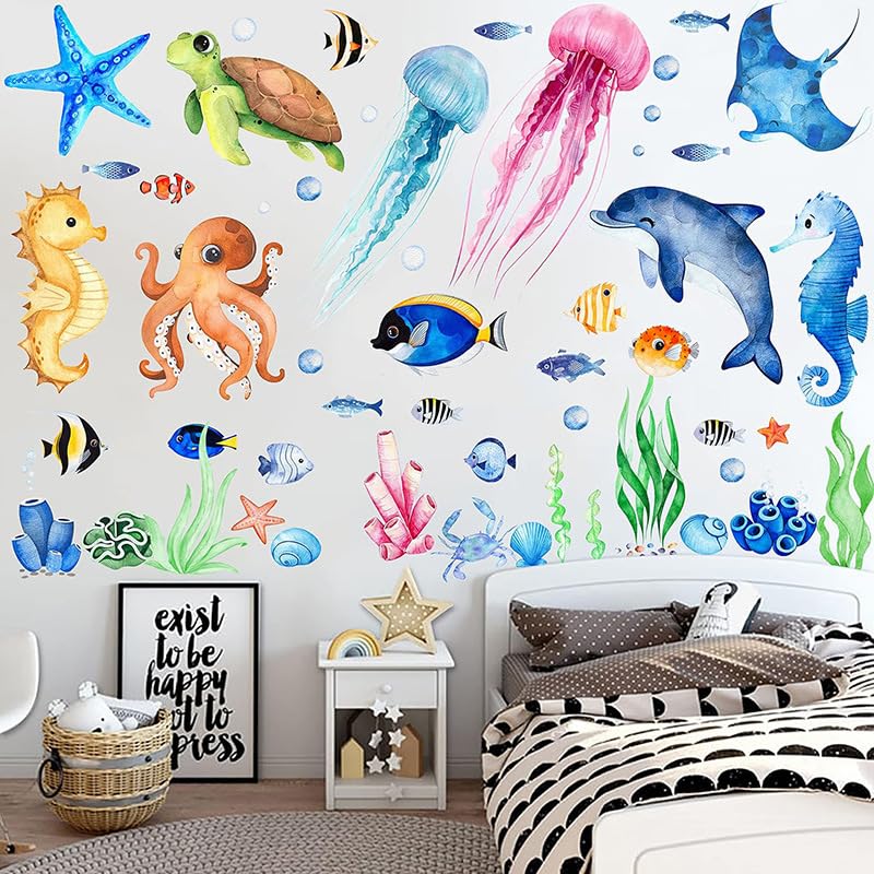 112 Pcs Marine Animal Wall Stickers,Turtles Seaweed Whales Octopus,Ocean Life Waterproof Decoration Wall Decals for Window Nursery Bedroom Bathroom Living Room Kindergarten Nursery Home