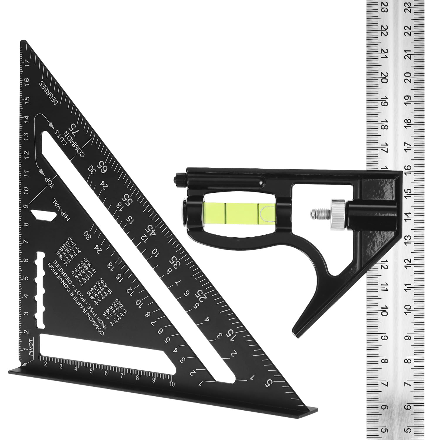 QWORK® Multifunctional Carpenter Square Kit, 180 mm Aluminium Triangular Ruler and 300 mm Stainless Steel Marking Gauge for Precision Woodworking Work