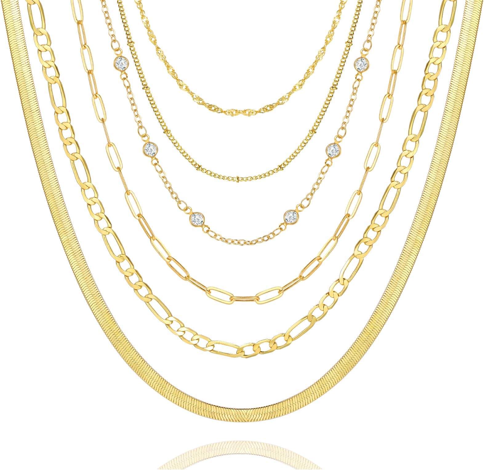 FAXHION6PCS Gold Layered Chain Necklaces for Women,18k Gold Dainty CZ Choker Necklace Trendy, Adjustable Layering Necklace Set for Women Gifts