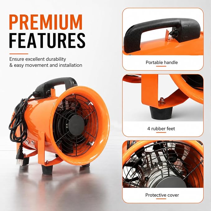Ventilador axial portátil de 8 pulgadas, con manguera de ducto de 16 pies incluida, ventilador de extracción y ventilación pesado de alto caudal para sótano, taller, obra, espacio bajo casa, garaje y ático miniatura 7