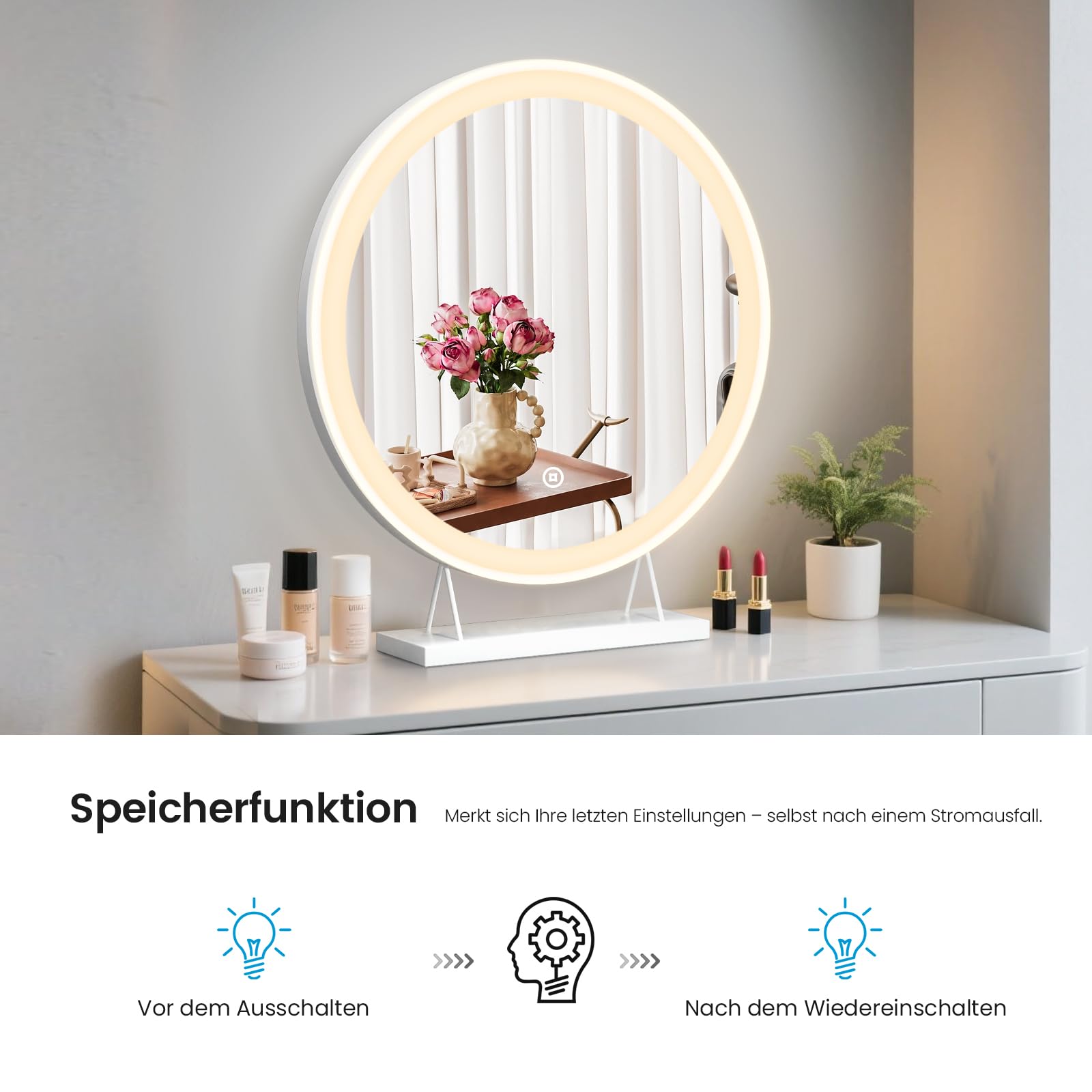 Heilmetz Schminkspiegel mit Beleuchtung Rund Φ48cm, LED Hollywood Spiegel mit Beleuchtung, Dimmbar 3 Lichtfarben, Touch Schalter, Makeup Kosmetikspiegel mit Licht - Weiß