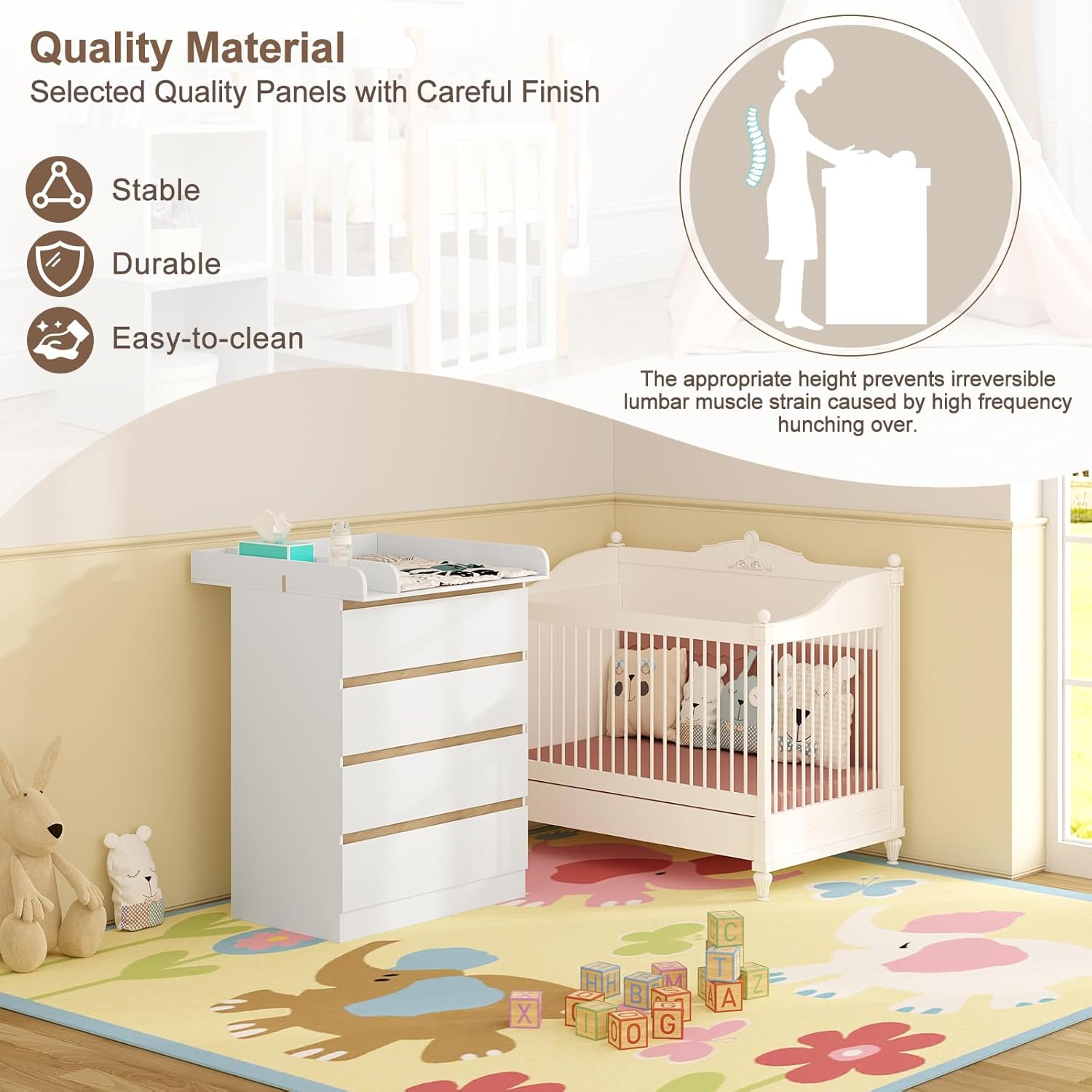 Illustration showing a caregiver changing a baby on the WOLTU changing table, highlighting the ergonomic height for back comfort.