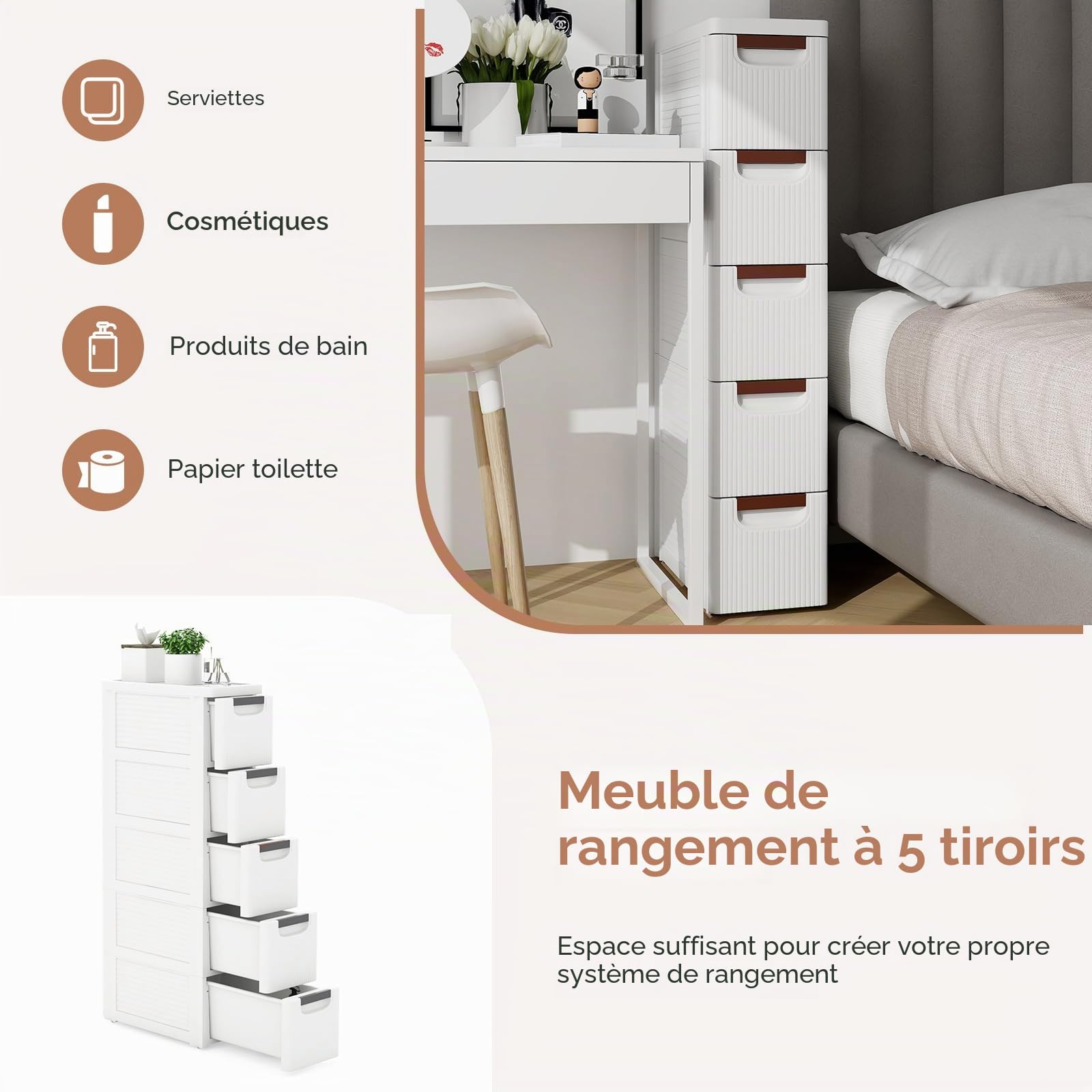 KOMFOTTEU Meuble de Rangement étroite avec Tiroirs, Colonne de Salle de Bain avec 4 Roulettes, Commode de Stockage Gain de Place, Plastique (5 Tiroirs, lot de 1, 42 x 19 x 91 cm)
