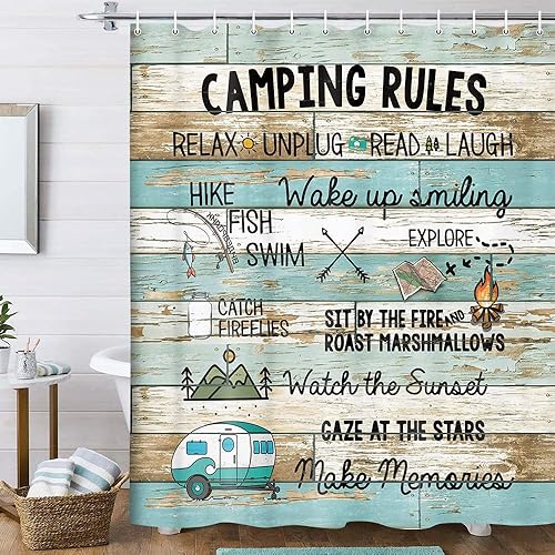 Miniatura 8 de Cortina de ducha rústica divertida con reglas de campamento, 47 pulgadas de ancho x 64 pulgadas de largo, azul, poliéster, impermeable, ojales en la