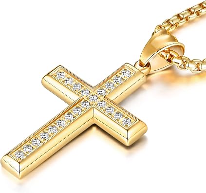 YL Mens Cross Necklace 316L Stainless Steel Jesus Ankh Pendant Rolo Chain Jewelry