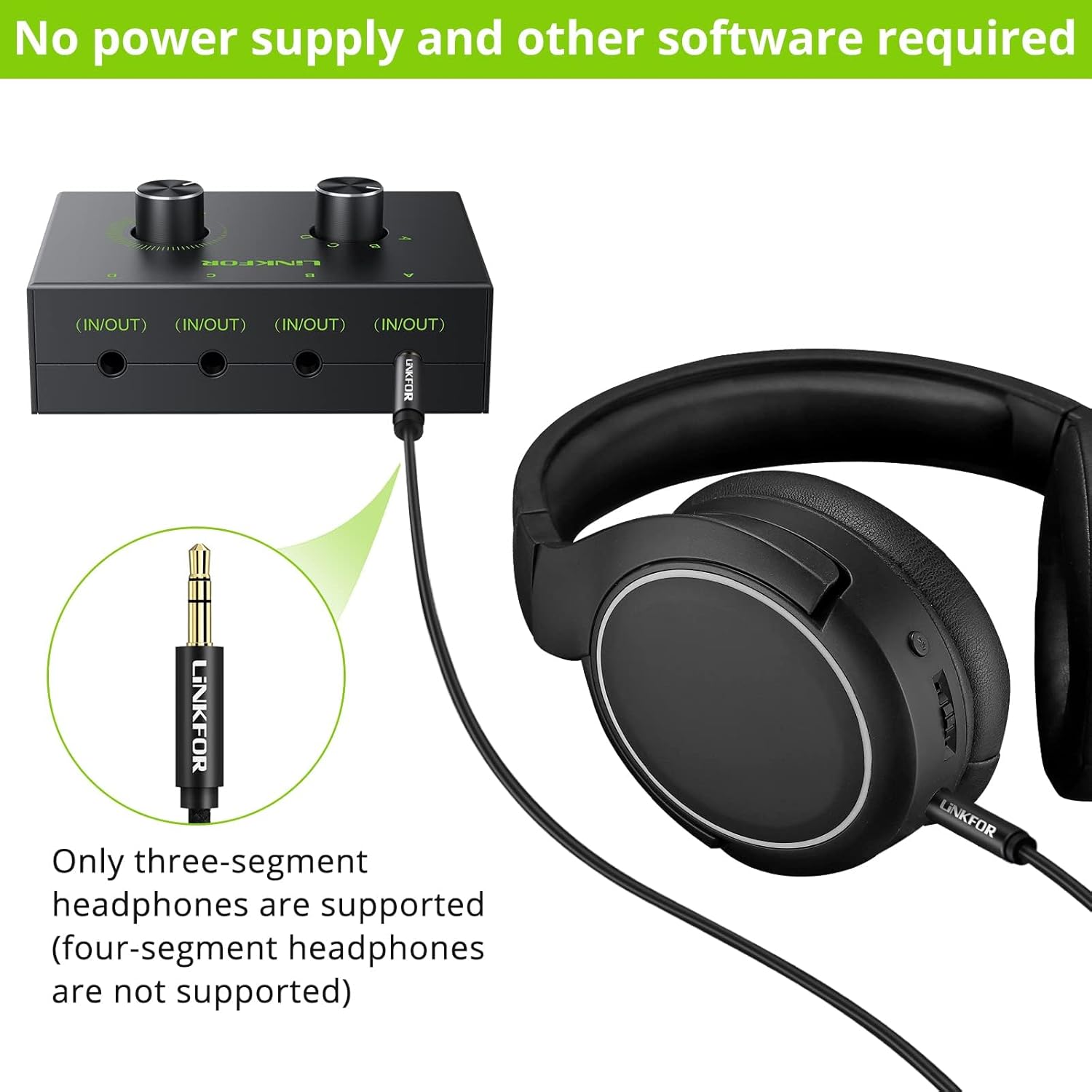 LiNKFOR 4 Port 3.5mm Stereo Audio Switch connected to headphones, illustrating three-segment headphone support.