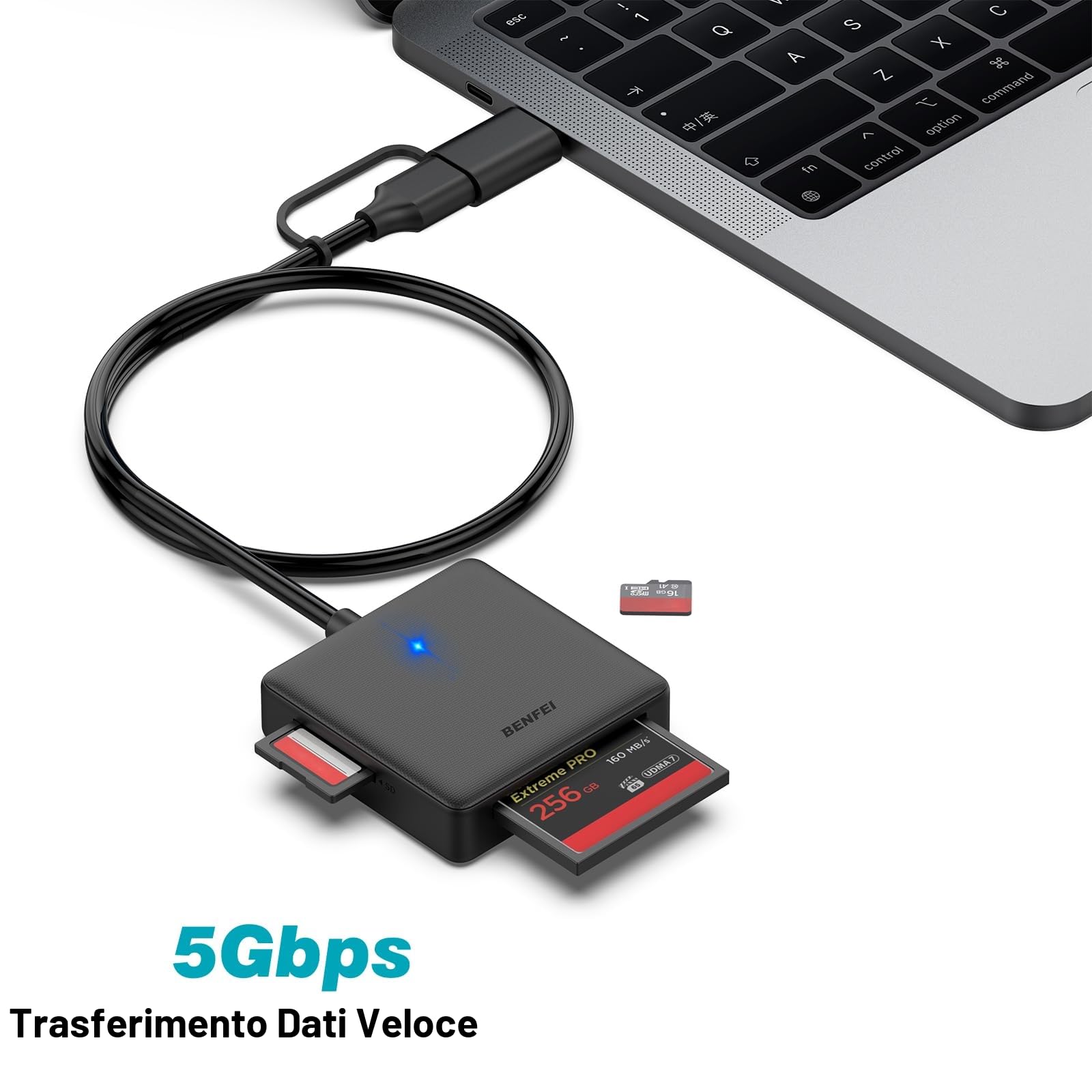 Lettore di schede di memoria, BENFEI 4 in 1 USB 3.0 e USB-C a SD Micro SD MS CF Card Reader Adapter, 4 schede contemporaneamente lettura e scrittura, compatibile con iPhone serie 15, MacBook Pro/Air