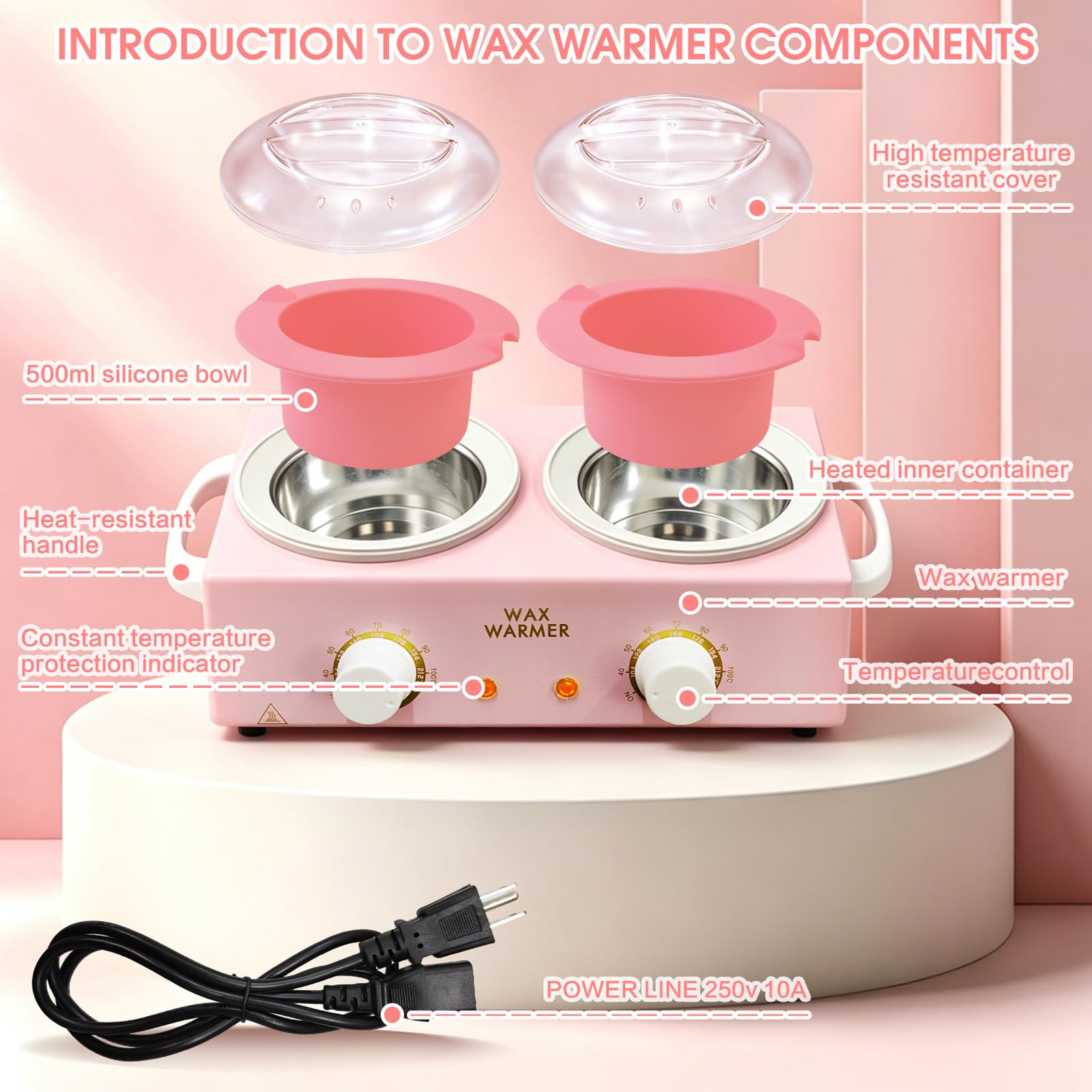 Calentador de cera para depilación, olla de cera doble | Calentador de cera profesional con cuencos de silicona y 20 palos de madera, temperatura ajustable, color rosa