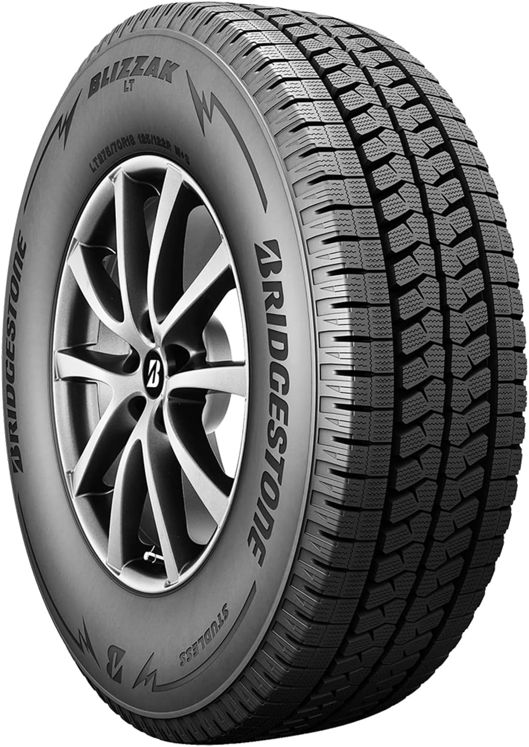 Bridgestone Blizzak LT tire mounted on a wheel, showing the side profile and tread pattern.
