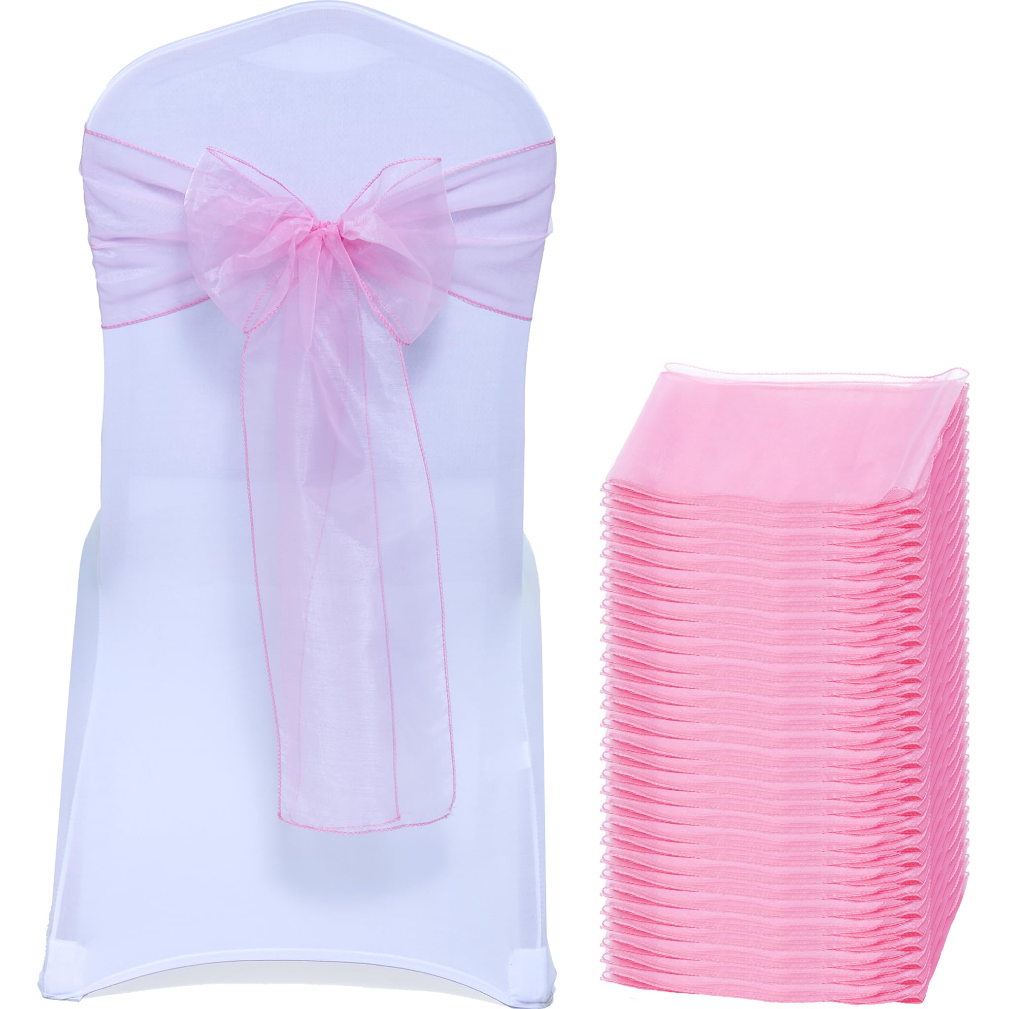 EDecor Pack of 125 Organza Chair Sashes for Wedding & Party Decorations – Reusable Sheer Chair Bows Tie Back for Banquet Chairs, Bridal Shower, Birthday, Reception Event Styling Décor - Blush Pink