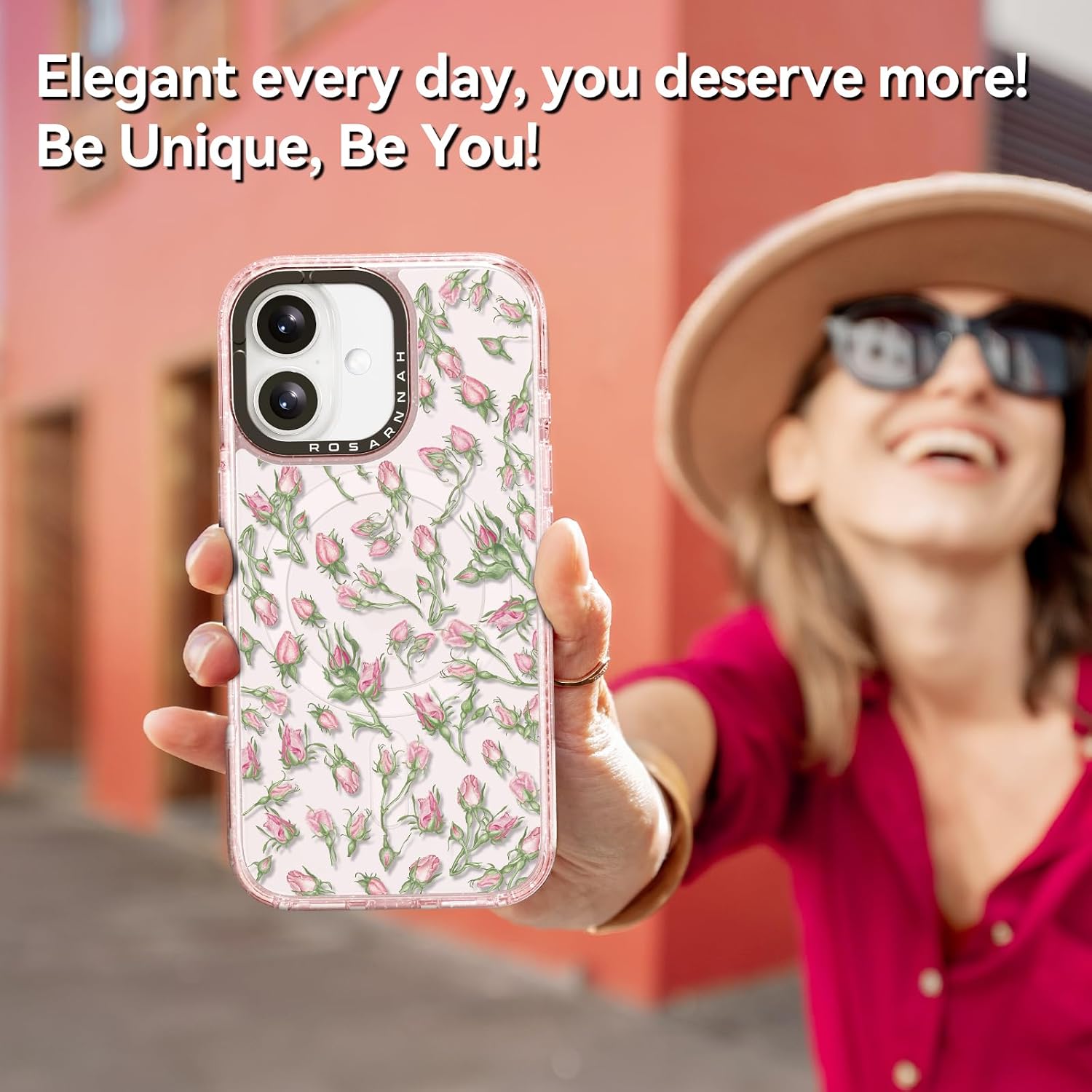 Rosarnnah for iPhone 16 Case Cute - Compatible with Magsafe - Durable Shockproof 6.6 ft Drop Impact Phone Case - Funny Rosebud Design (6.1") Glitter Pink