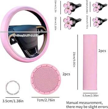 GIONAR Pink Car Accessories Set - Steering Wheel Cover, Seat Belt Pads, Cup Holders for Women's Interior