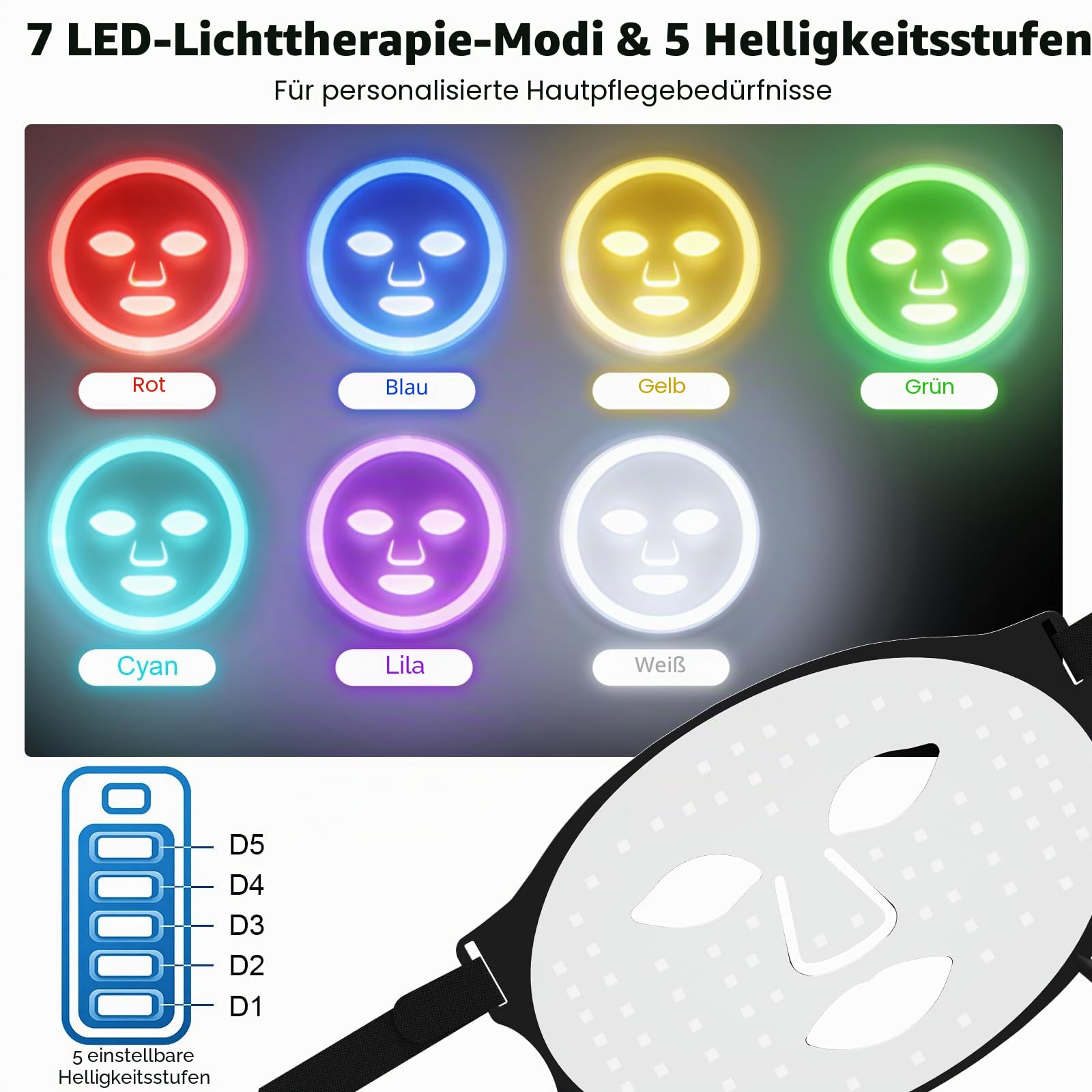 Wiederaufladbare LED Maske Gesicht，Lichttherapie Maske für den Heimgebrauch | 7 Lichtmodi | 5 Helligkeitsstufen | Flexibles Silikonmaterial | Augenschutz Design | Hautpflege