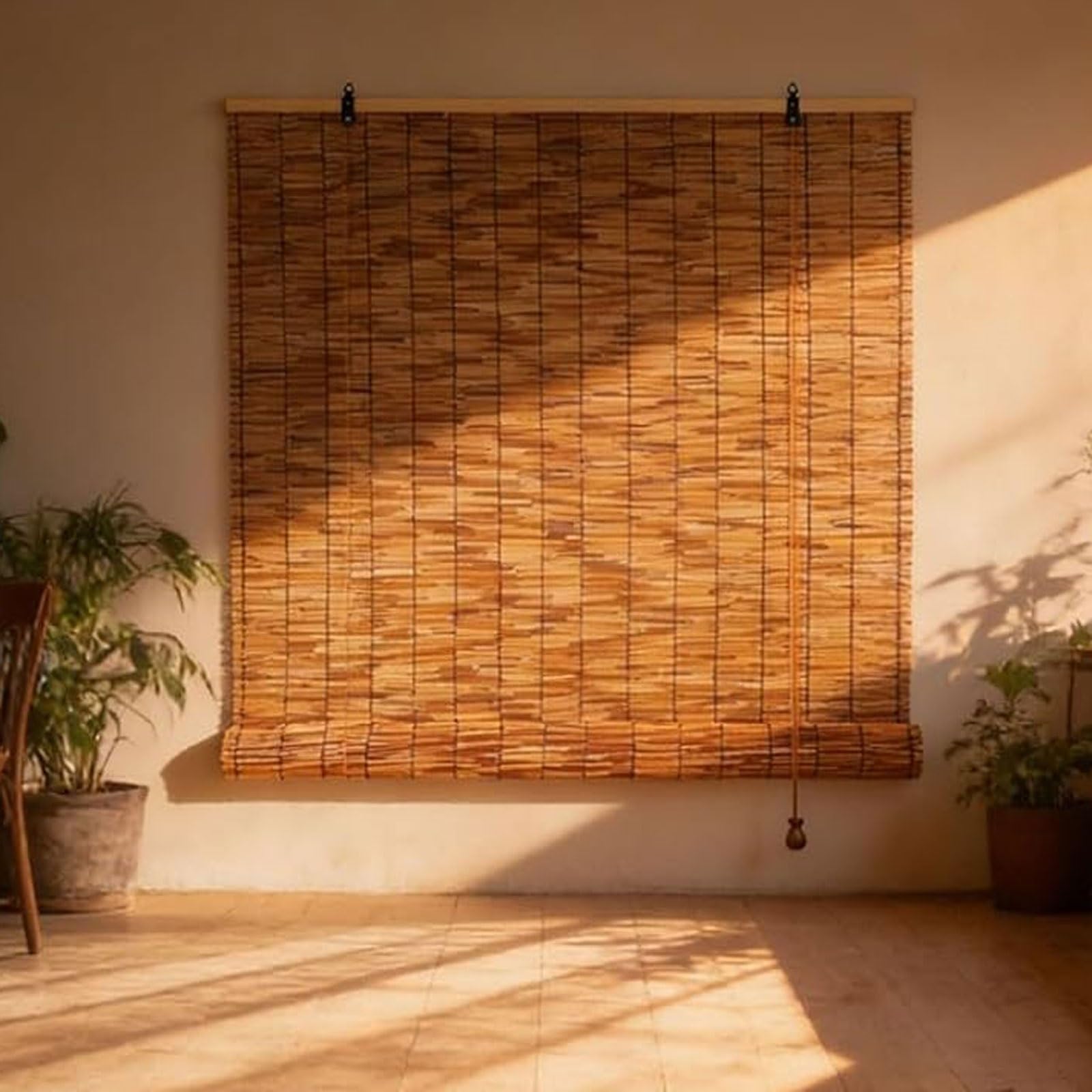Natural Bamboo Roll up Blinds, 75% Sun Blocking Waterproof Privacy Screen Cordless Blackout for Porch, Patio, Yard, Window(200cmx140cm)