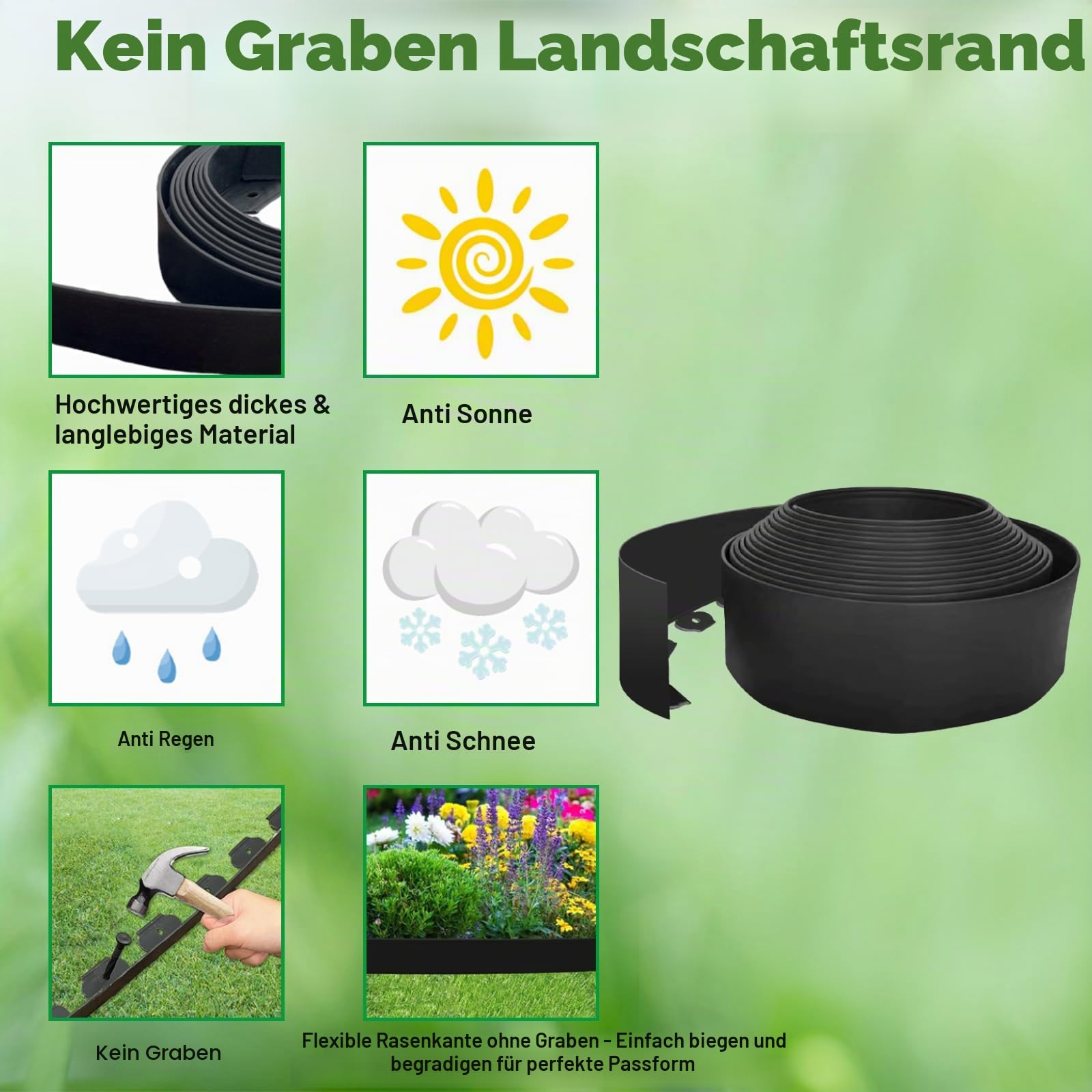 Rasenkante Kunststoff, 10cm Hoch 10m Lang Beetumrandung Rasenkantensteine mit 30-teiligen Heringen, No-Dig- Rasenkanten für Blumenbeet (Black)