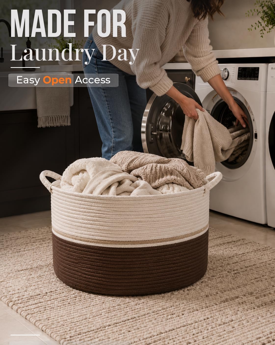 Large Woven Cotton Rope Storage Basket, 65L Blanket Basket with Handles, Decorative Round Basket for Living Room Bedroom Nursery, Laundry Basket for Clothes Toys Towels, Brown & Cream
