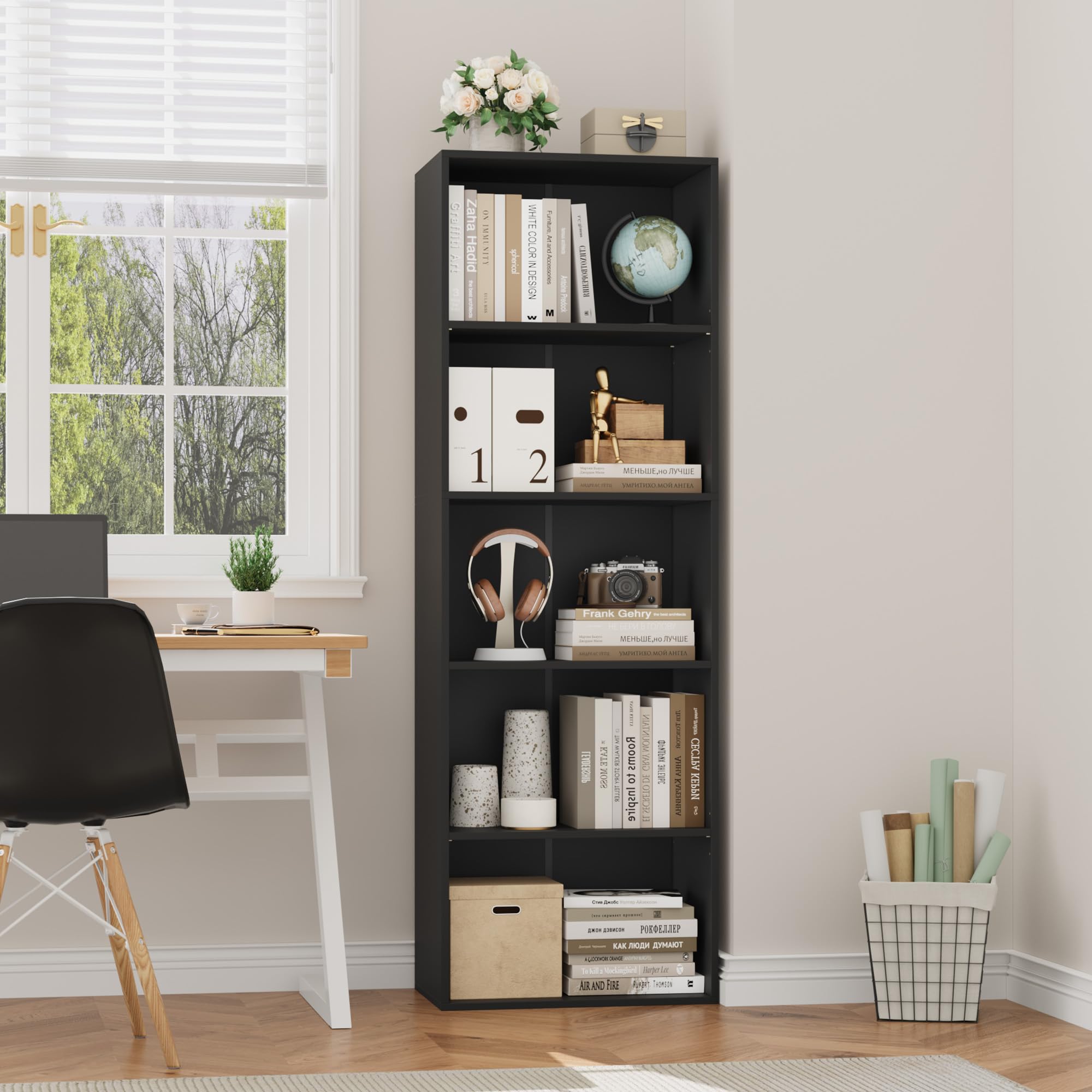 FirFurd Estantería Libros Sinfonier Alto Librería Madera, 5 Compartimentos | Librería Estantería, Biblioteca, Estanterias Almacenaje, Estrecha y Alta, para Salón Oficina Dormitorio Negro 48X30X159Al.cm