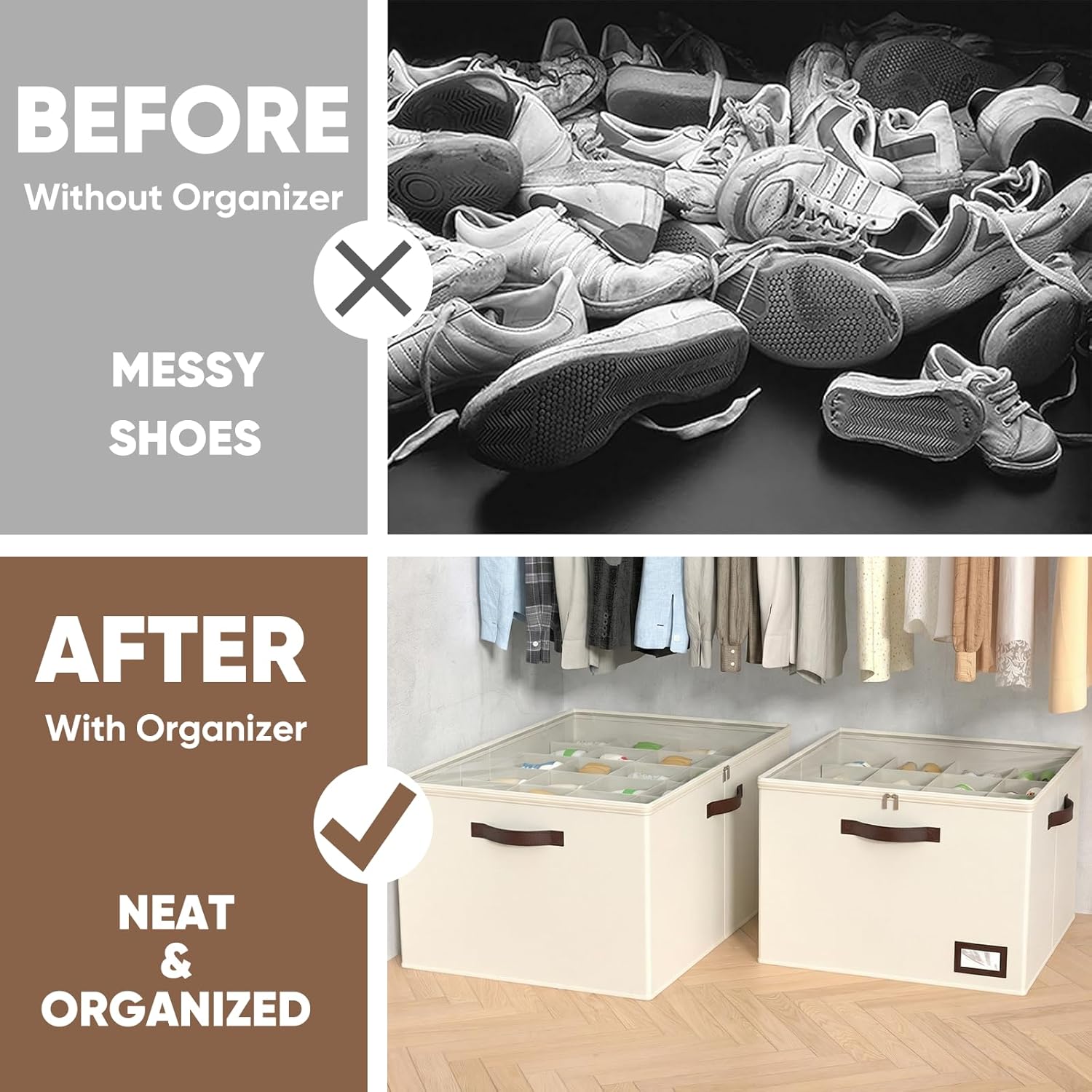 OIAHOMY 2 Pack Shoe Organizer for Closet, Large Foldable Shoe Storage Bins with Dividers and Reinforced Handles, Each Clear Cover Sneaker Box Fits Up to 16 Pairs for Entryway and Bedroom, Beige