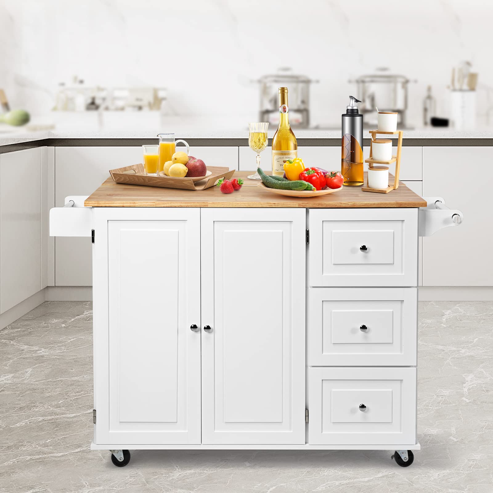 GIANTEX Carro de Cocina Plegable, Carro de Servicio, Aparador de Cocina, Mueble de Cocina de Madera, Ruedas con 2 Frenos, Tablero Plegable y 2 Estantes Ajustables, 136 x 76 x 91 cm (Blanco)