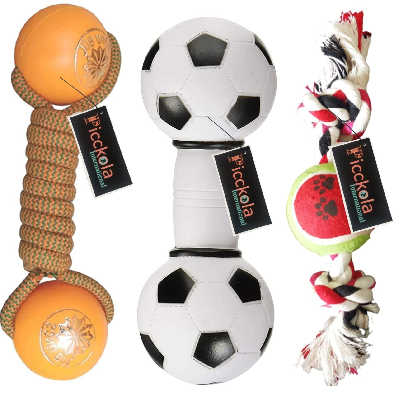 Picckola International® 3 Toy Combo - Squeaky Toy Football I Plastic Ball Dumbbell I 2 Knot with Tennis Ball Chew Toys for Small Dog Breed and Medium Breed Dogs (Combo of 3) (B09HSLGNKD) Amazon Price History, Amazon Price Tracker