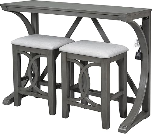 Miniatura 3 de Juego de mesa de comedor de altura de mostrador con 2 taburetes, juego de mesa de bar de 3 piezas, juego de mesa de consola de madera con taburetes