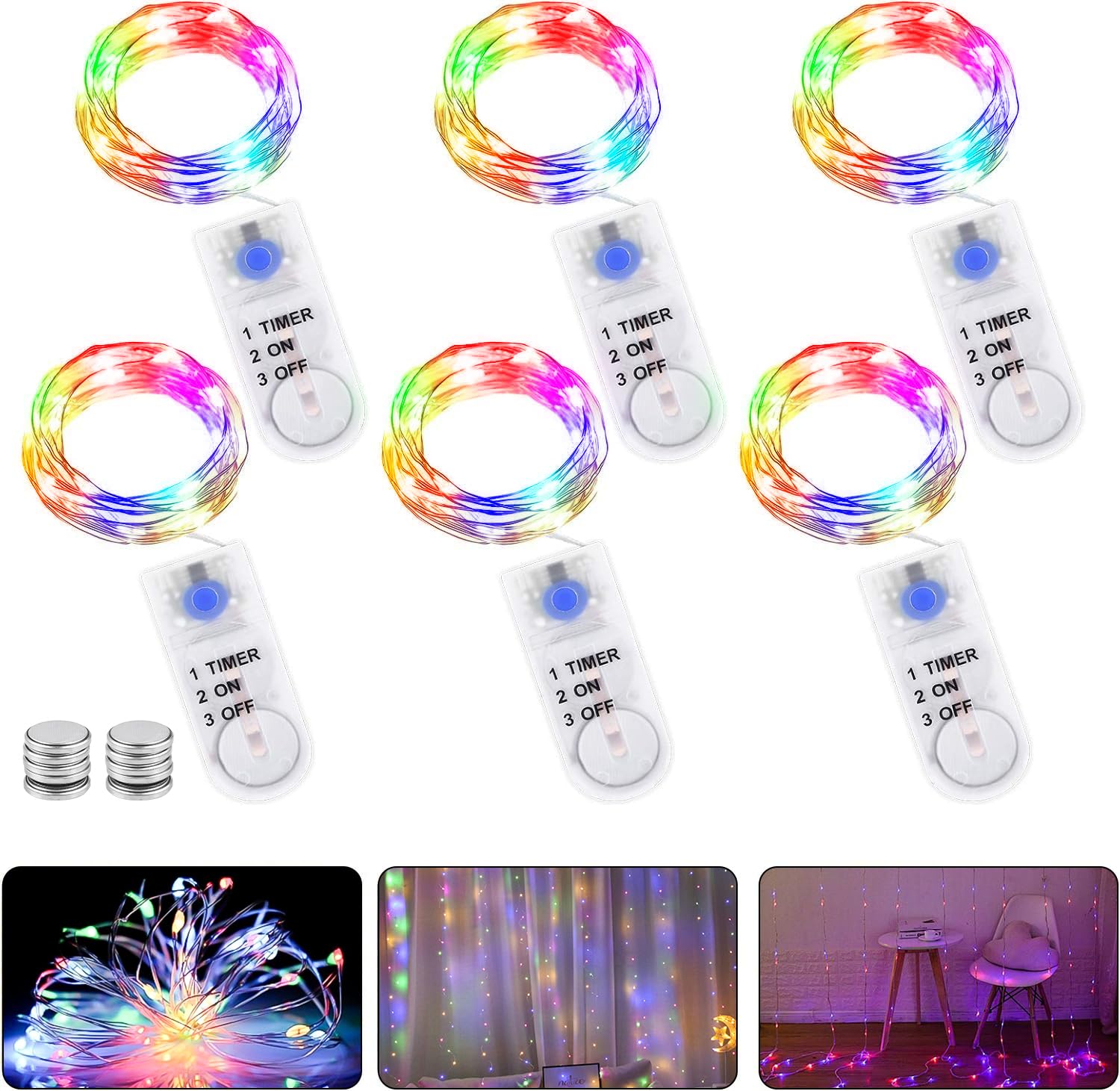 Cadena de luces LED con temporizador, 6 unidades, 2 m, 20 LED, funciona con micro pilas, cobre, iluminación navideña para habitaciones, interiores, Navidad, exteriores, fiestas, bodas, bricolaje