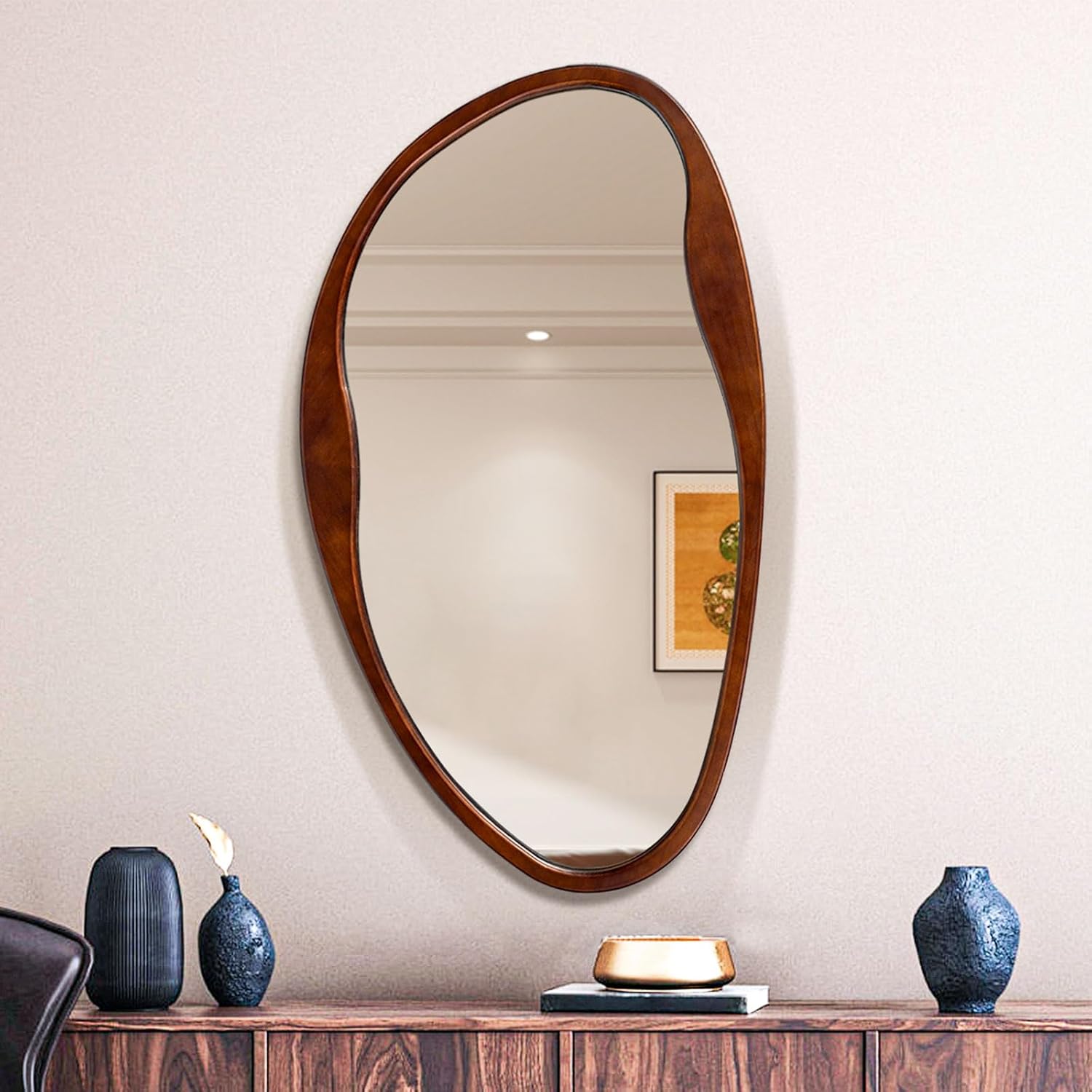 Asymmetrical Wood Mirror, Irregular Wall Mirror, Walnut Wooded Framed Wave Mirrors for Bathroom, Bedroom, Living Room, Entryway, Farmhouse Mid Century Modern Mirrors(36" H x 20" W)