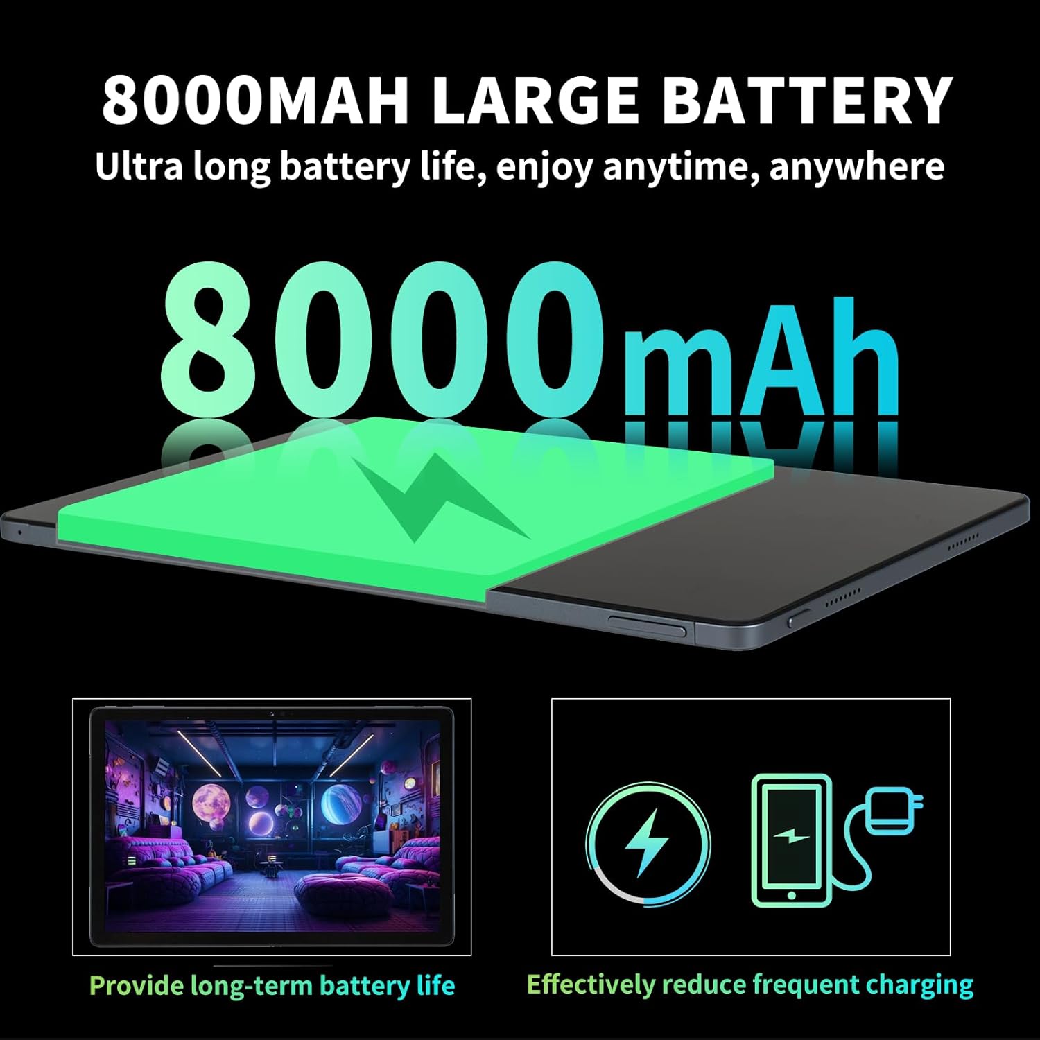 Infographic highlighting the 8000mAh large battery of the redbeat M2 tablet for ultra-long battery life and reduced frequent charging