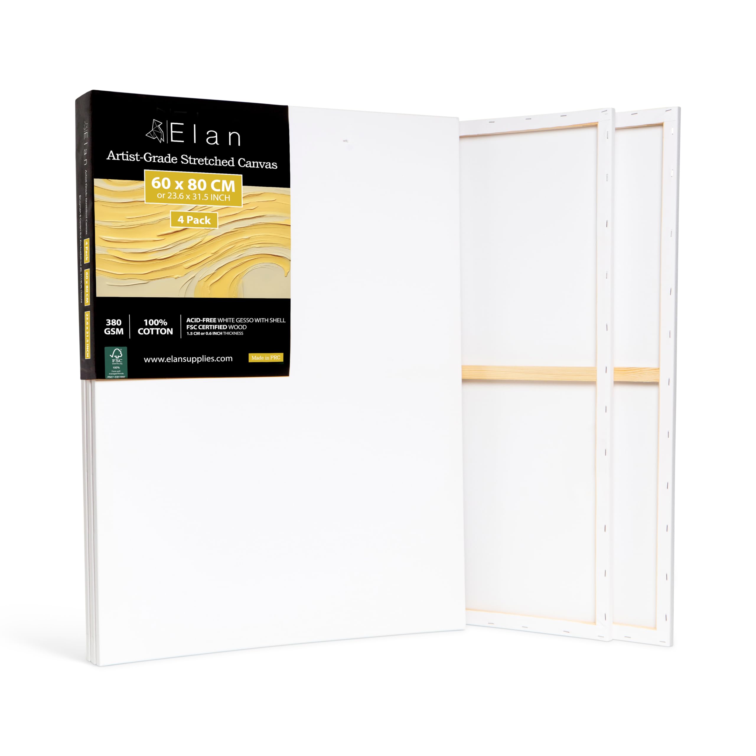 Elan Stretched Canvases 60x80 CM, 4-Pack Large Canvas for Painting 380 GSM
