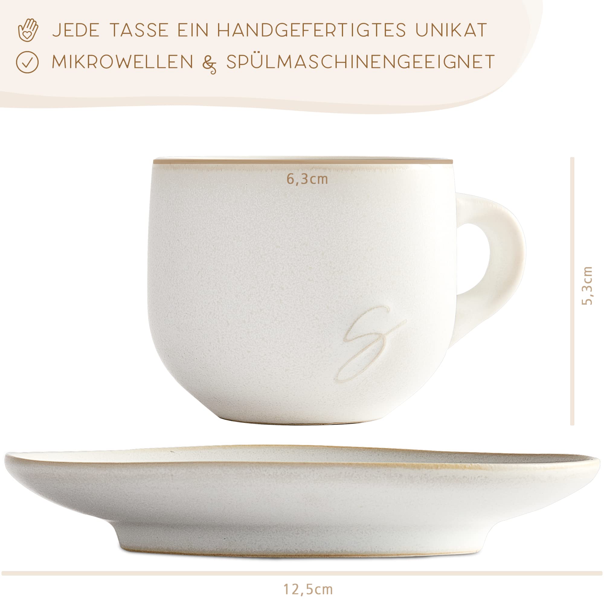 STEINZEIT Design Espressotassen (6x80ml) - Espressotassen Set mit passenden Untertassen - Espressokaffeetassen aus 100% Handfertigung - stapelbare Mokkatassen in Weiß