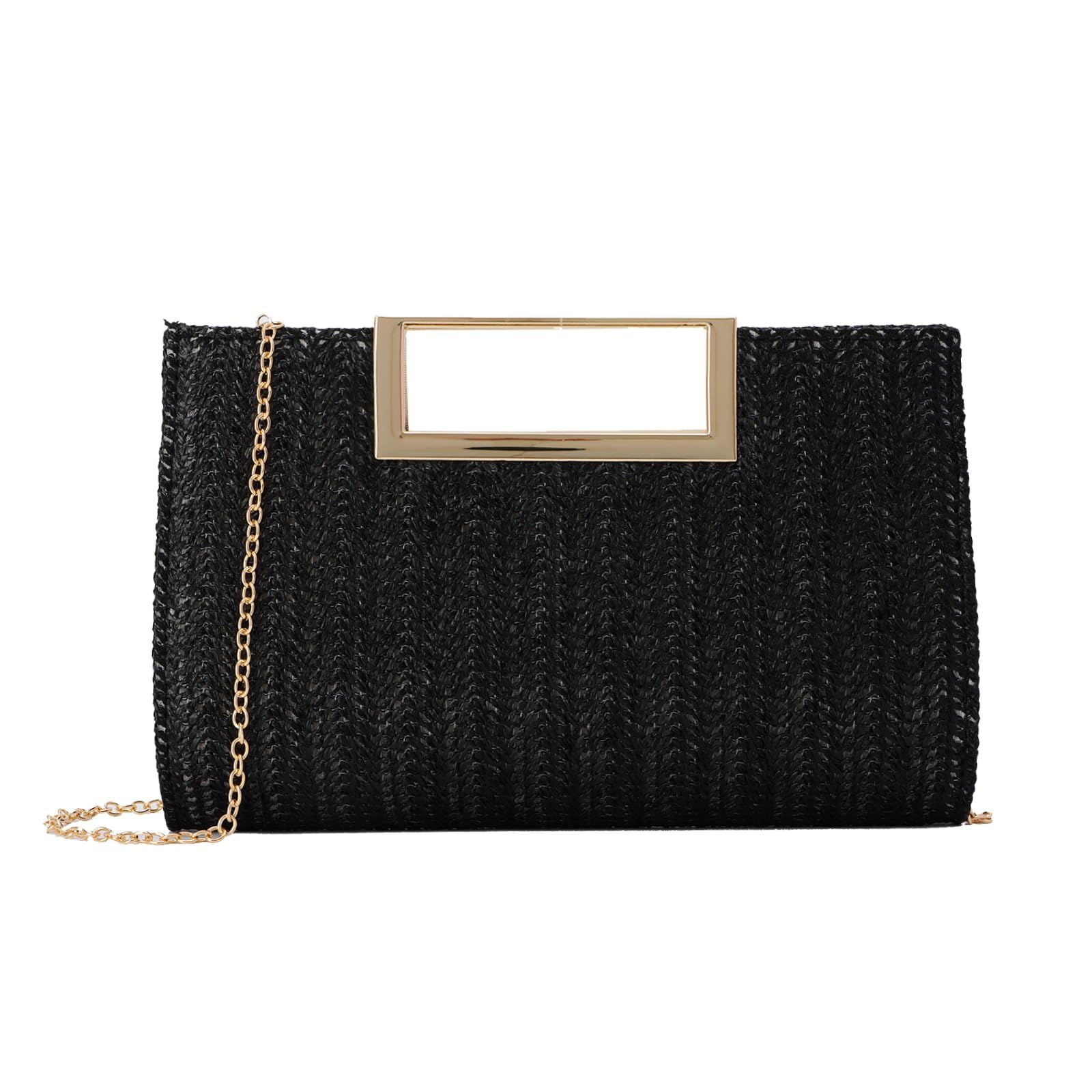 Bolso de Mano de Paja Para Mujer Bolso de Hombro de Cena de Paja de Verano con Cadena de Metal Bolso de Mano Cuadrado Bolso de Mano Tejido Para Fiesta de Bodas