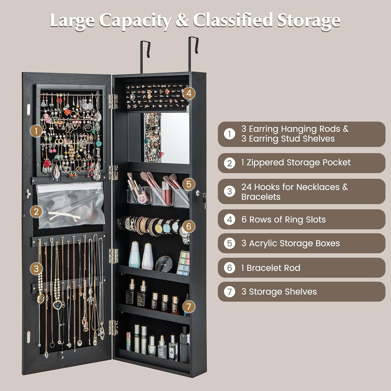 LOKO Jewelry Cabinet with Full Length Mirror, Door Wall Mounted Jewelry Armoire with 3-color LED Lights, Inside Makeup Mirror, Lockable Jewelry Organizer for Women Girls Bedroom (Black)