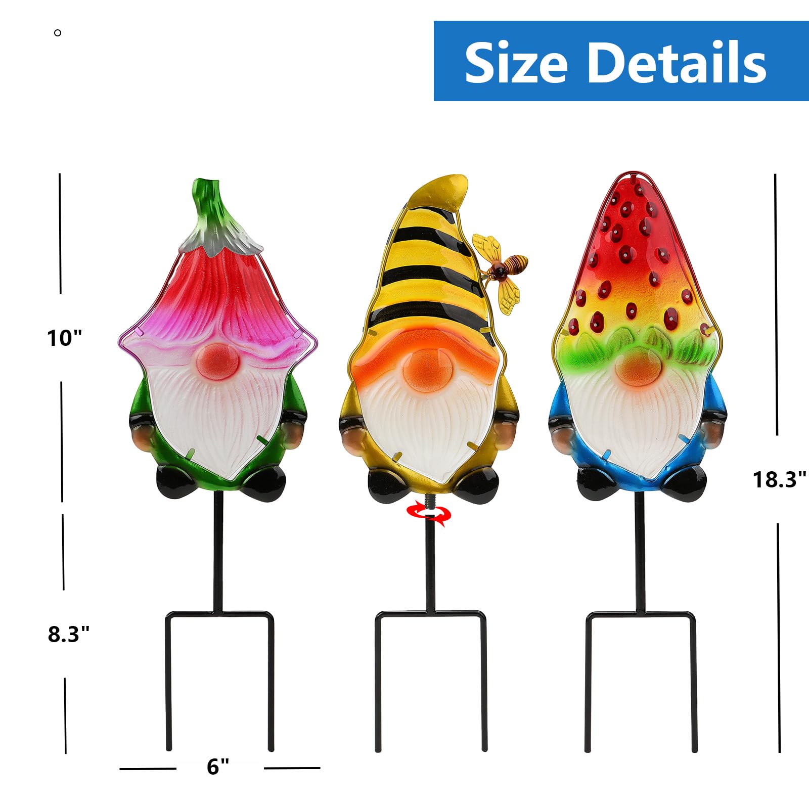 Gnome Garden Stake Set of 3 Metal Glass 18.3" Funny Outdoor Yard Lawn Decor view 3