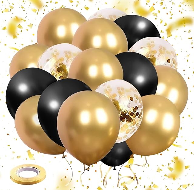 OHugs Metallic Gold Balloons Set of 30 12 Inch Balloons - 15 Chrome Gold Balloons, 10 Black Balloons, 5 Confetti Balloons, 1 Ribbon for Christmas Decorations, Birthday Party, Wedding Celebrations
