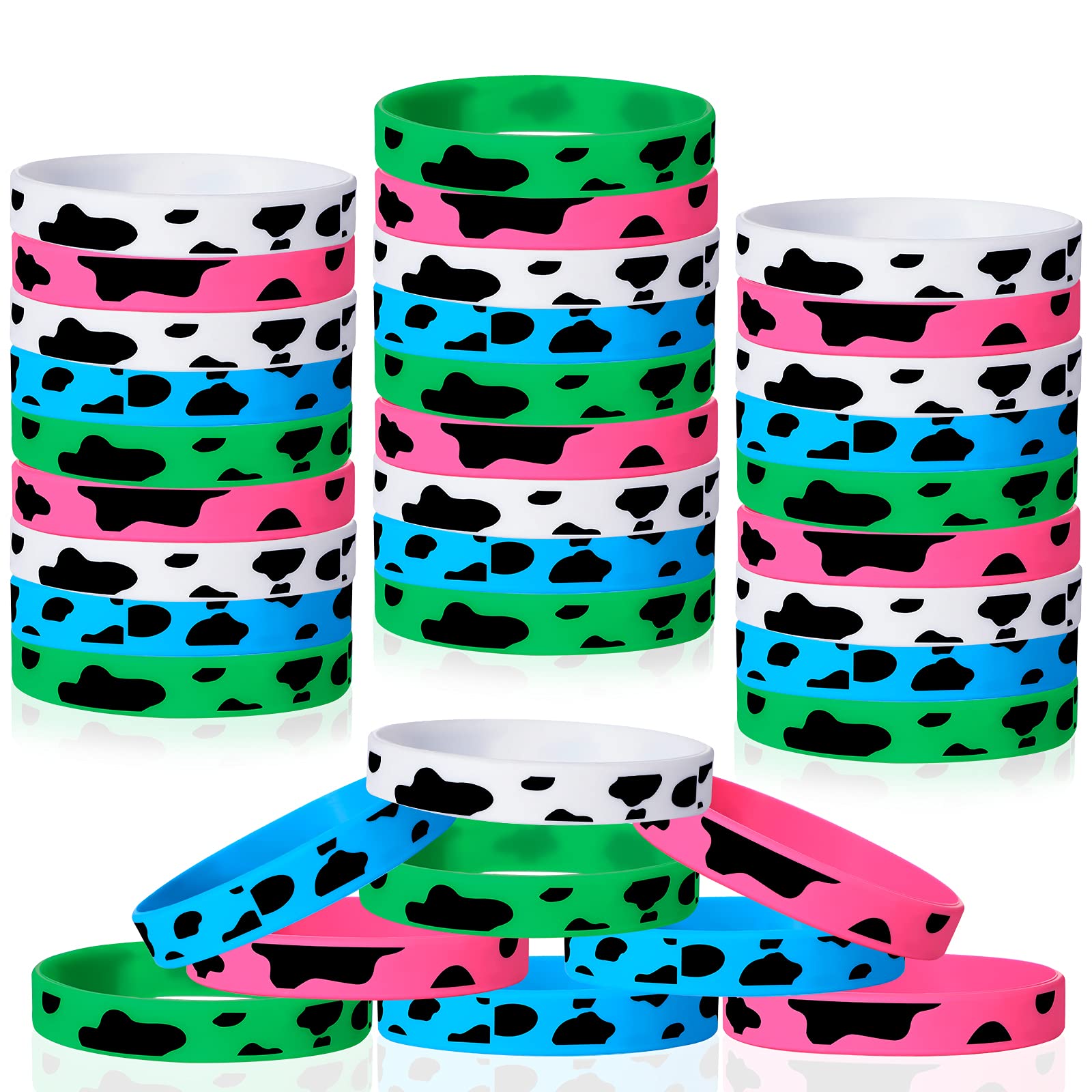 Zhanmai 36 Pcs Cow Print Rubber Bracelets Cow Party Favors Bulk Colorful Cute Silicone Animal Print Slap Bracelets Western Party Wristbands for Girls