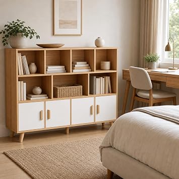 OSCHF 11-Cube Bookcase with Doors, 3-Tier Storage Cabient, Oak