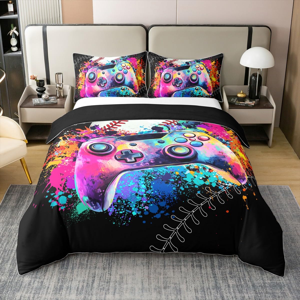 100% Cotton Gaming Duvet Cover Double Size for Kids Boys Teens,Boys Game Baseball 3 Pieces Duvet Cover,Watercolor Paint Graffiti Comforter Cover (Not Comforter),Outdoor Sport Lover Quilt Cover