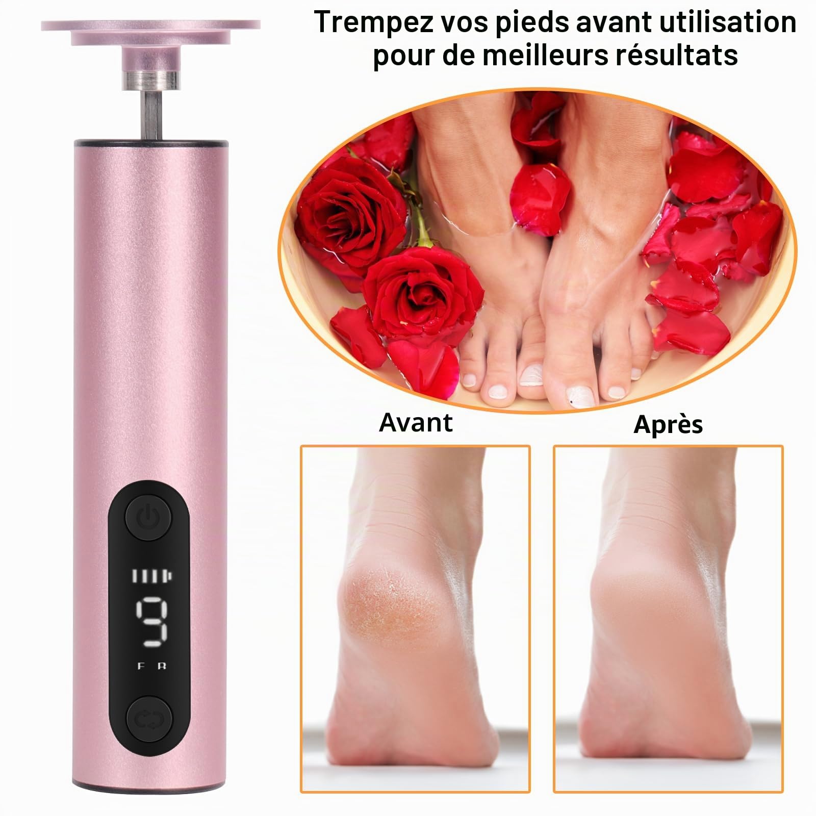 Jianyana 2 In 1 Rechargeable RâPe à Pieds PéDicure Electrique Anti-Callosité Lime Pieds Avec 9 Vitesses Réglables écran numérique （Rose）