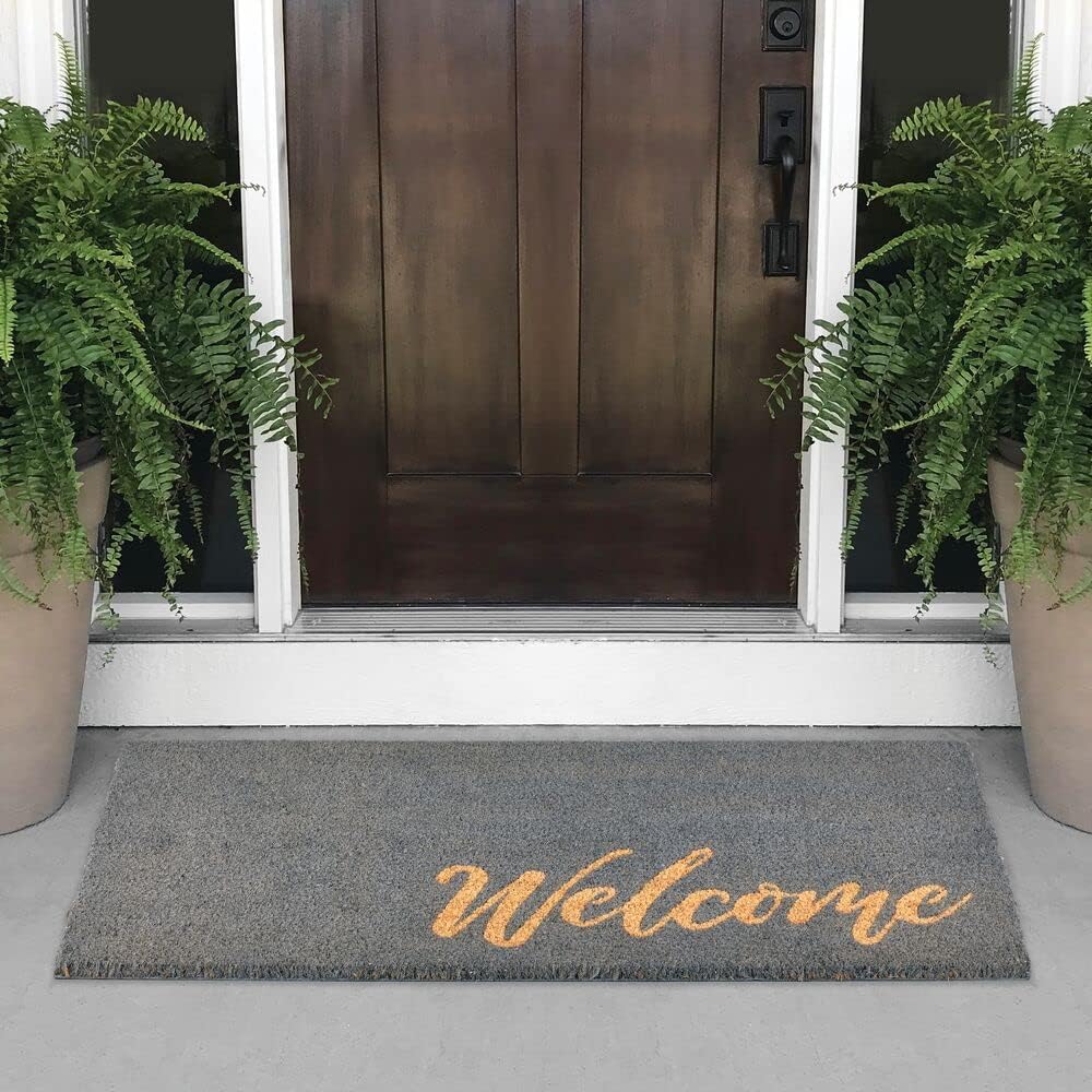 mDesign Rectangular Coir and Rubber Entryway Welcome Doormat with Natural Fibers for Indoor or Outdoor Use - Decorative Script Welcome Design - 36" x 22" - Natural/Gray