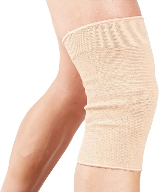 Actesso Elastic Knee Sleeve Support - Lightweight Elasticated Compression Bandage for Joint Pain & Sprains During Exercise & Sport or Post Injury. Left or Right For Both Men & Women (Beige, Small)