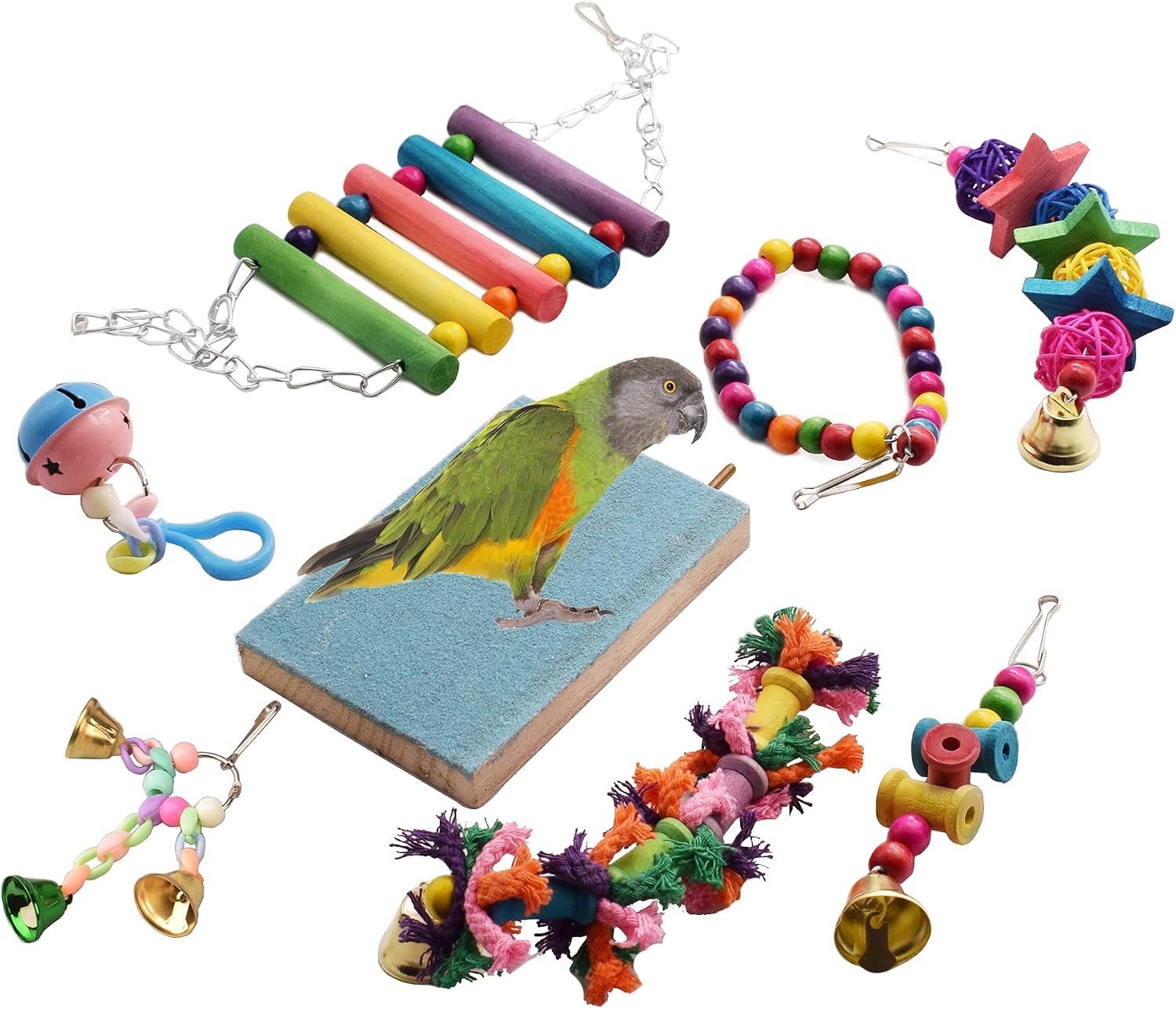 PetQoo Birds Swing Chewing Toys, 8 Packs Parrots Chewing Hanging Perches with Bells Toys for Love Birds Macaws Cockatiels Parakeets…