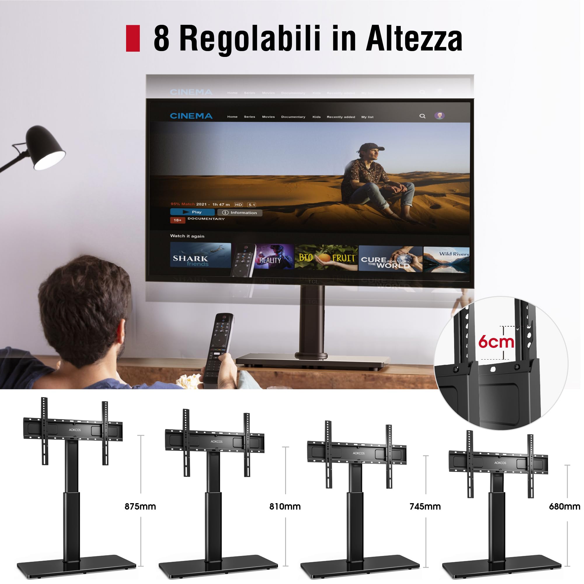 AOKCOS Supporto TV da Tavolo Inclinabile per 42-85 Pollici, Girevole & Altezza Regolabile Piedistallo TV con Base, Mobile Porta TV Max VESA 600x400mm 50KG