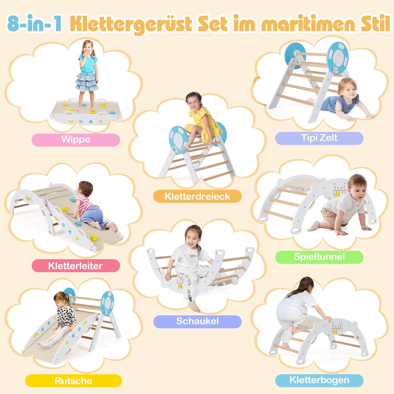 8-in-1 Montessori Climbing Triangle Set with Slide, Wooden Climbing Arch for Toddlers from 1 Years, Climbing Toy, Indoor Climbing Frame for Children's Room (White, Sea Ladder)