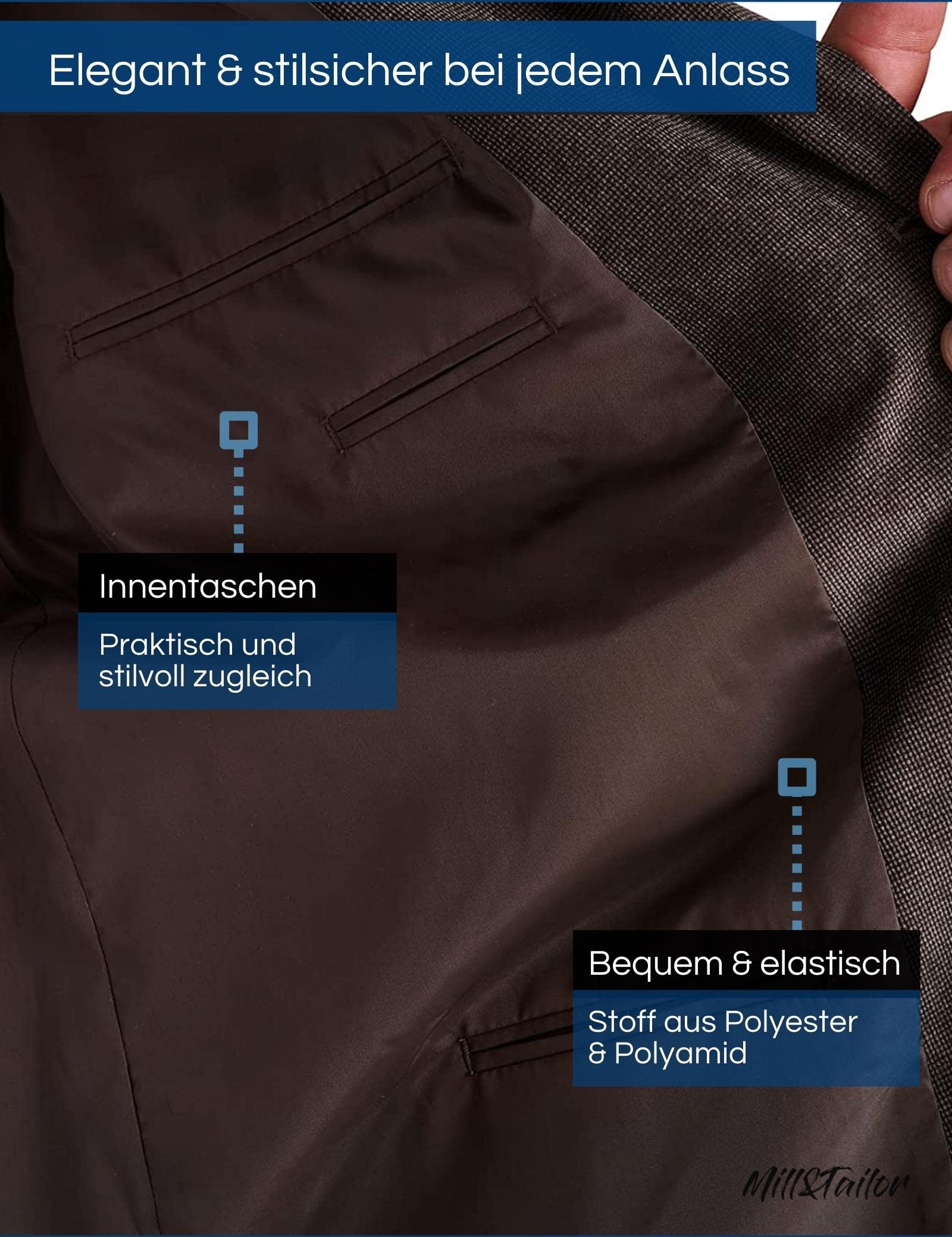 Mill&Tailor Herren Sakko Braun I Jackett für Männer I Einreiher Sakko I Modern & Sportlich I Sakko für Hochzeit & Business I Herrensakko für kräftige Männer