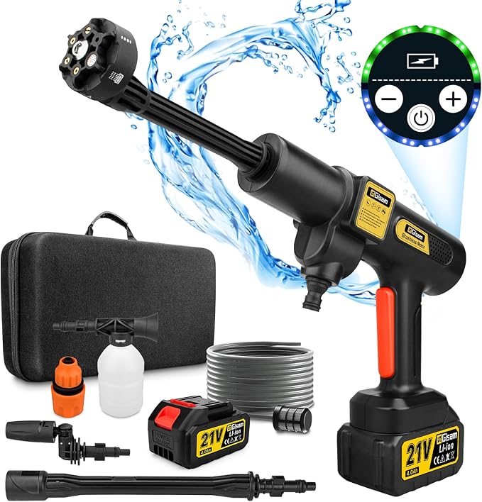 Gisam Hidrolimpiadora de Alta Presión, Hidrolimpiadora Portatil MAX 65 Bar con 2 x 4000mA Baterías, Pulverizador de Espuma, 6 en 1 Boquilla Multiusos y 180° Boquilla Giratoria (Gisam-01) oferta Amazon