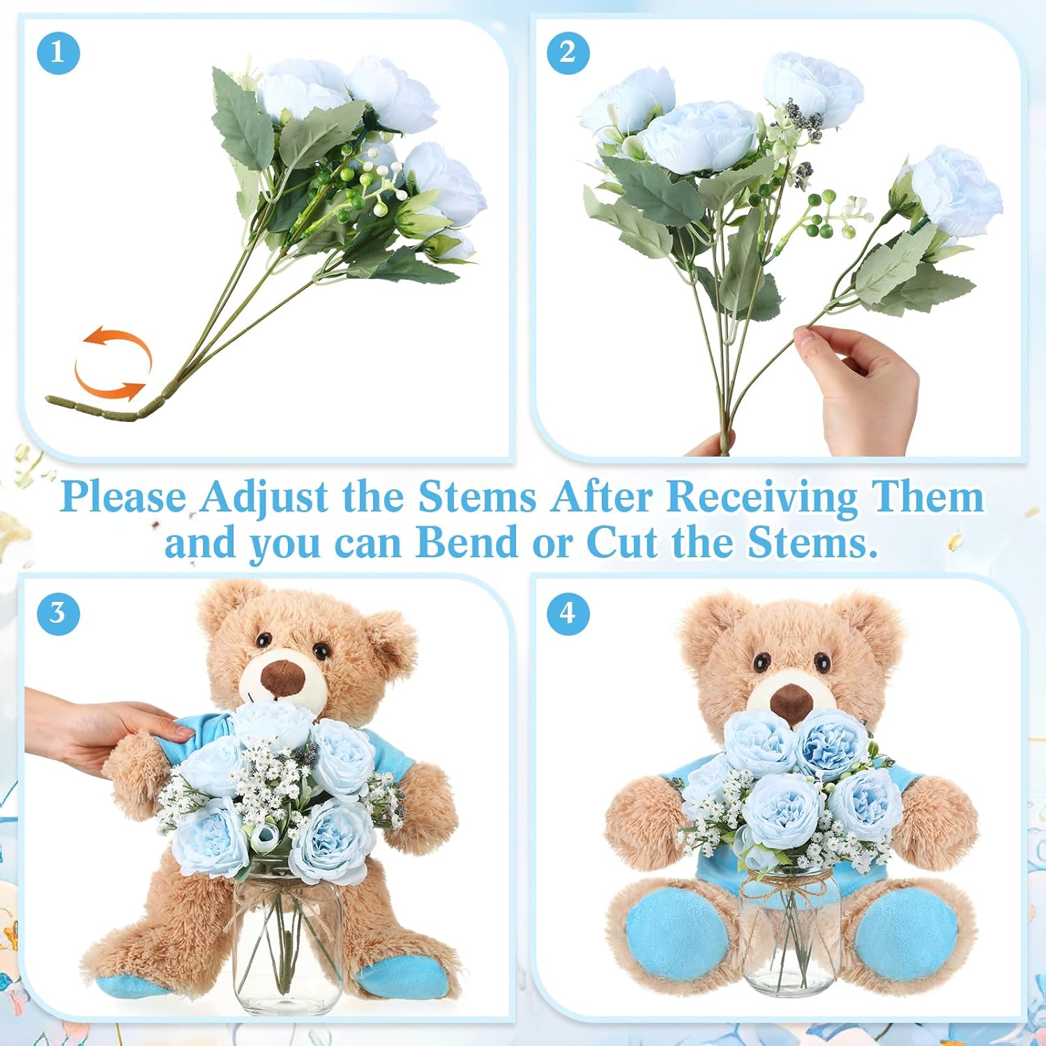 Blue 6 Set Baby Shower Bear Centerpieces for Tables Mason-Style Glass Jars with Artificial Peonies and Baby's Breath Rustic Table Decor for Gender Reveal Party Wedding